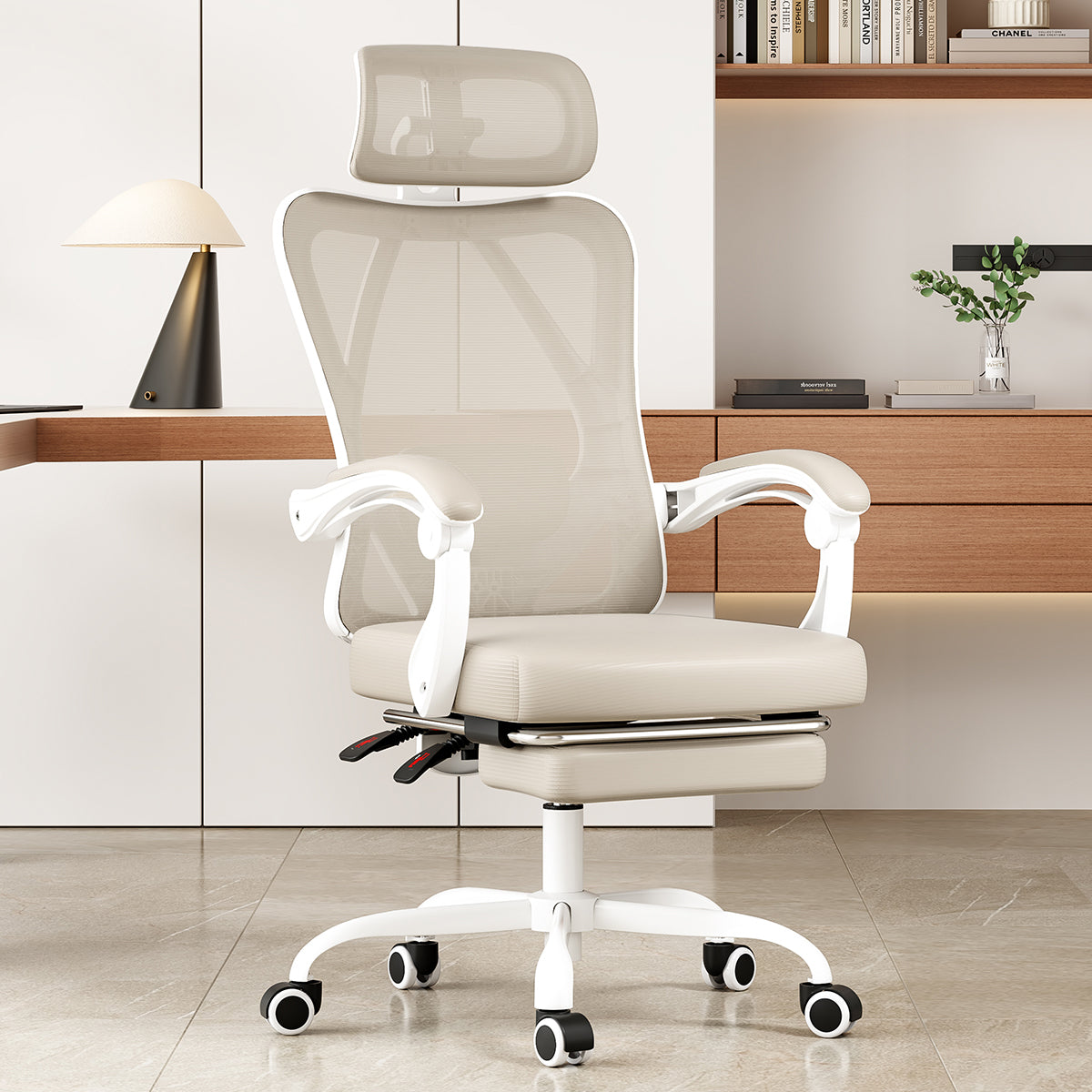 Ergonomic Office Chair with Footrest, Mesh Office Desk Chair with Headrest, High Back Computer Chair with Adjustable Lumbar Support for Home Office Study Room Bedroom, White & Kakhi - Abrihome