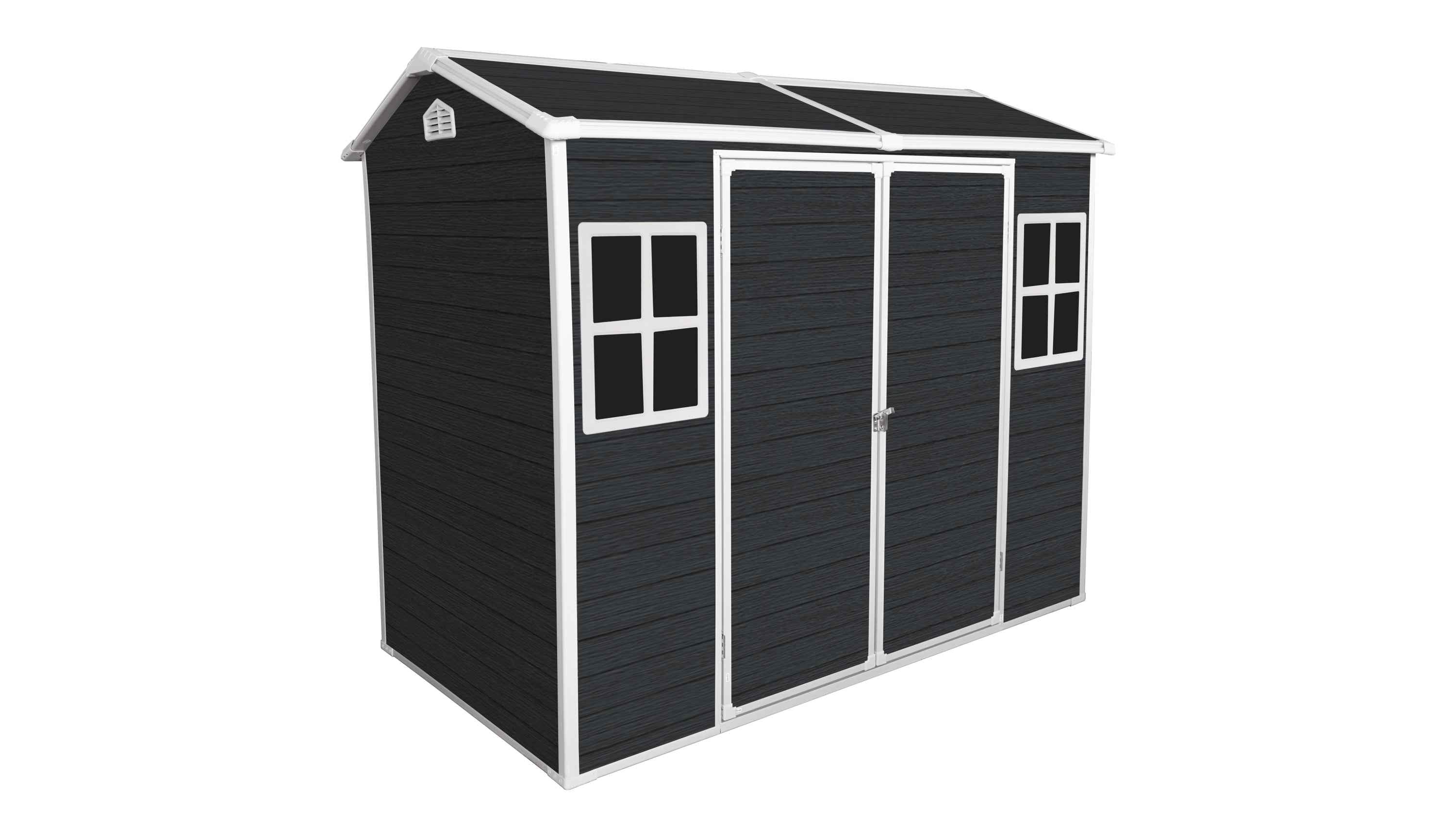 8x4ft Outdoor Resin Garden Shed with Floor and 2 Windows, Plastic Patio Outdoor Storage Shed with Lockable Door for Garden Tools, Bicycles, Trash Cans, Black