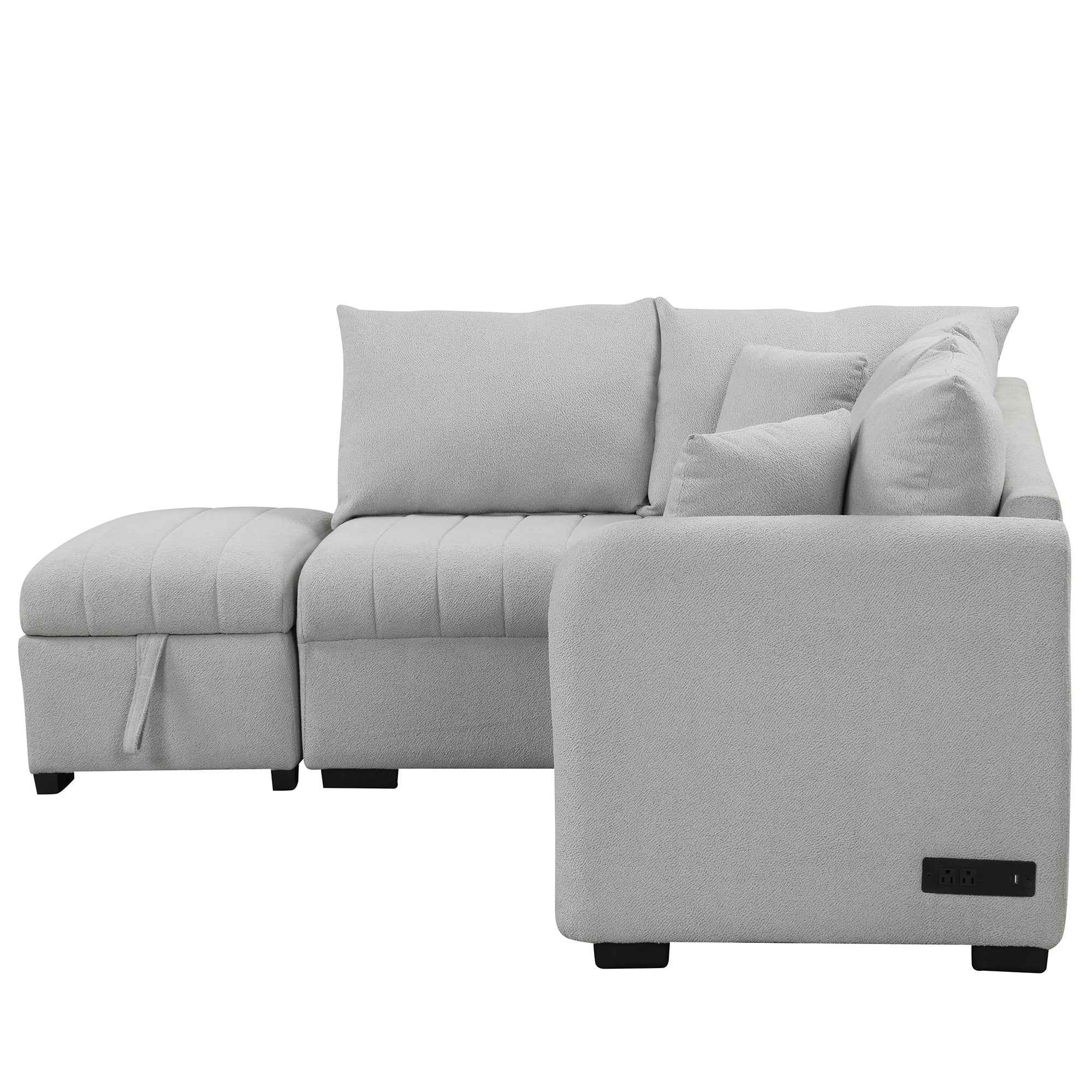 Modern L-shaped Sectional Pull Out Sofa Bed with USB Ports & Storage Ottoman, Gray Jacquard Fabric, 82.6'