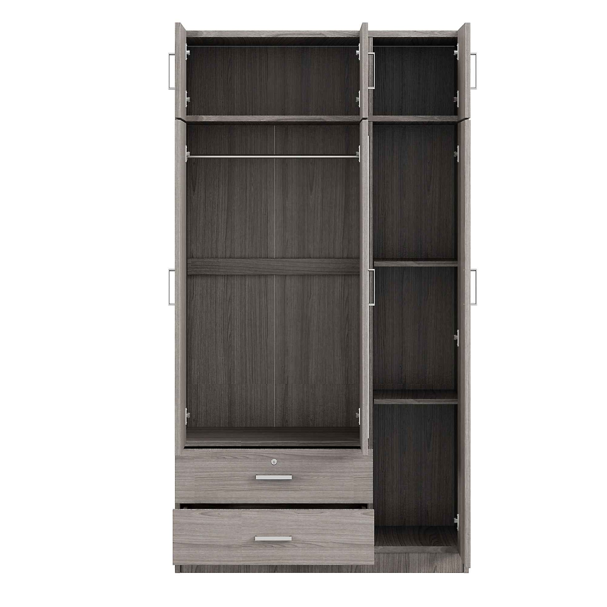 3-Door Mirror  Wardrobe with 2 Drawers and Top Cabinet,Gray
