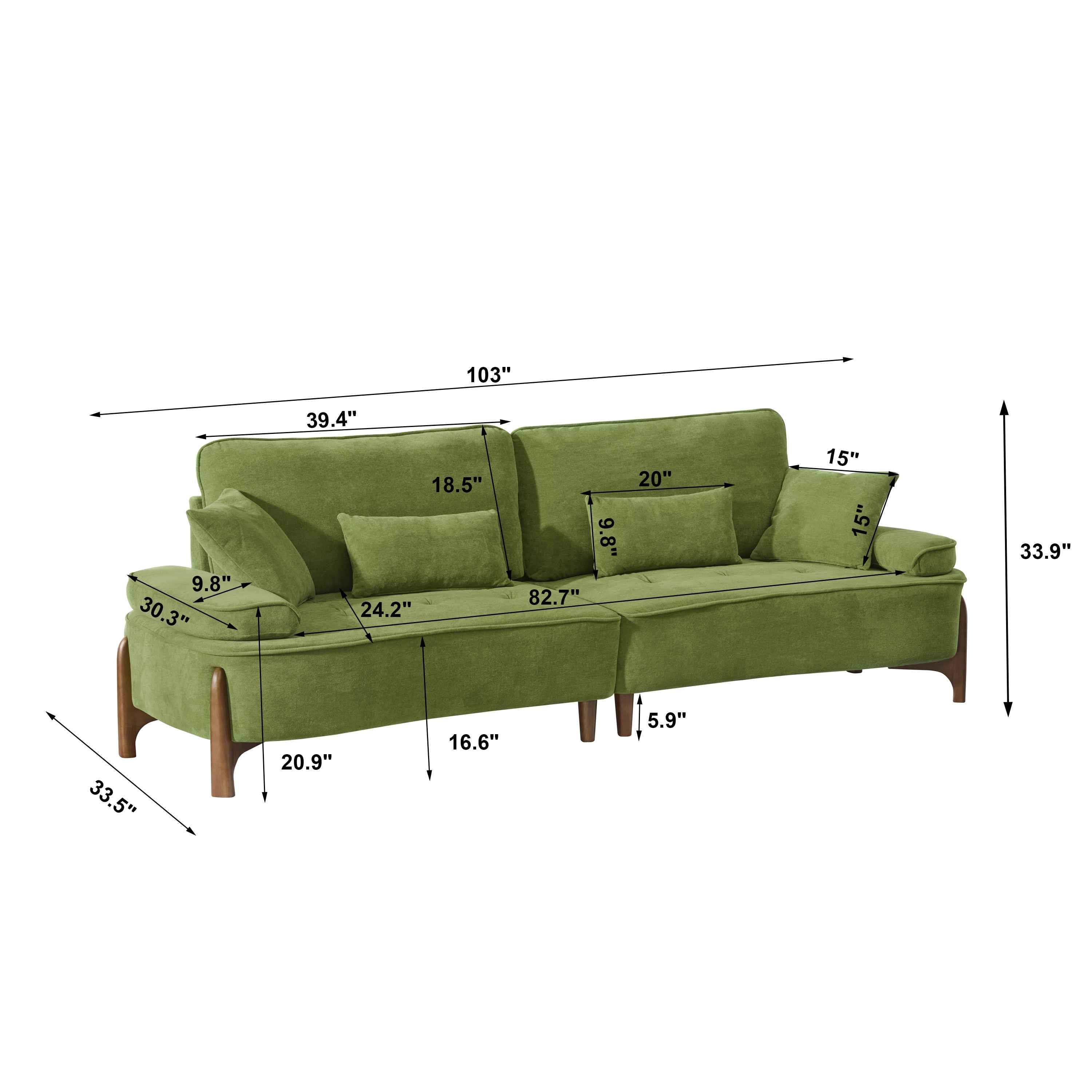 Cloud Velvet Deep Seated Sofa with Pillows, Green, Foam, 103 Inch