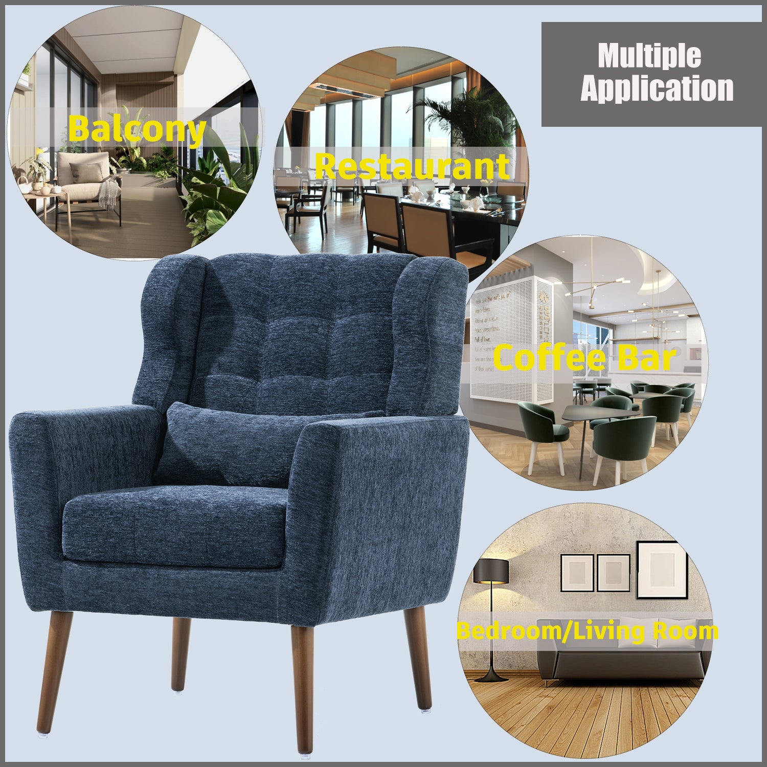 Modern Accent Chair,Chenille Arm Chairs for Living Room,Upholstered Mordern Armchair,Comfy Soft Padded Lounge Chair in Small Space, Bedroom, w/Pillow, Solid Wood Leg (Dark Blue)