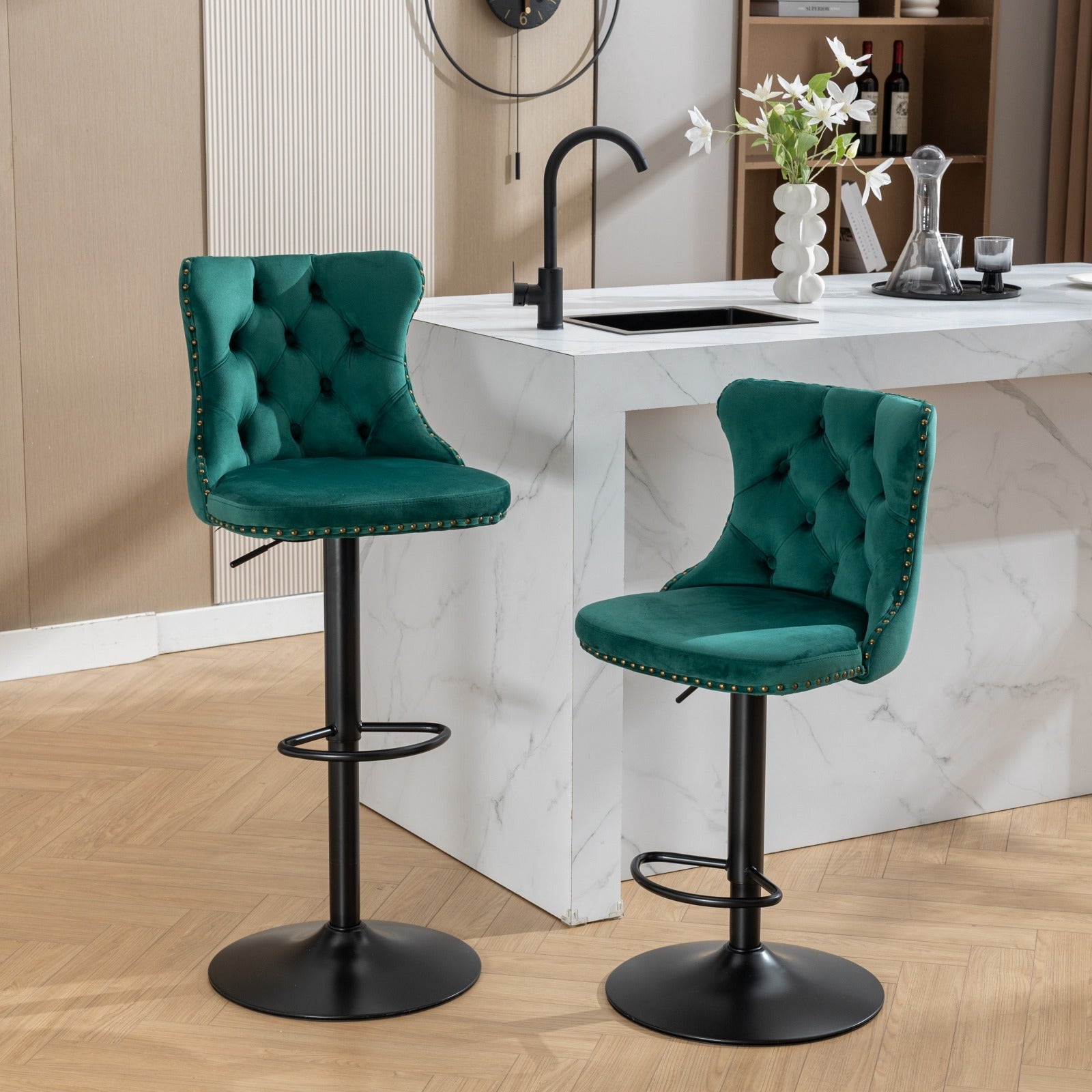 Swivel Velvet Barstools Adjusatble Seat Height from 25-33 Inch,17.7inch base, Modern Upholstered Bar Stools with Backs Comfortable Tufted for Home Pub and Kitchen Island,Green,Set of 2,SW1812GN