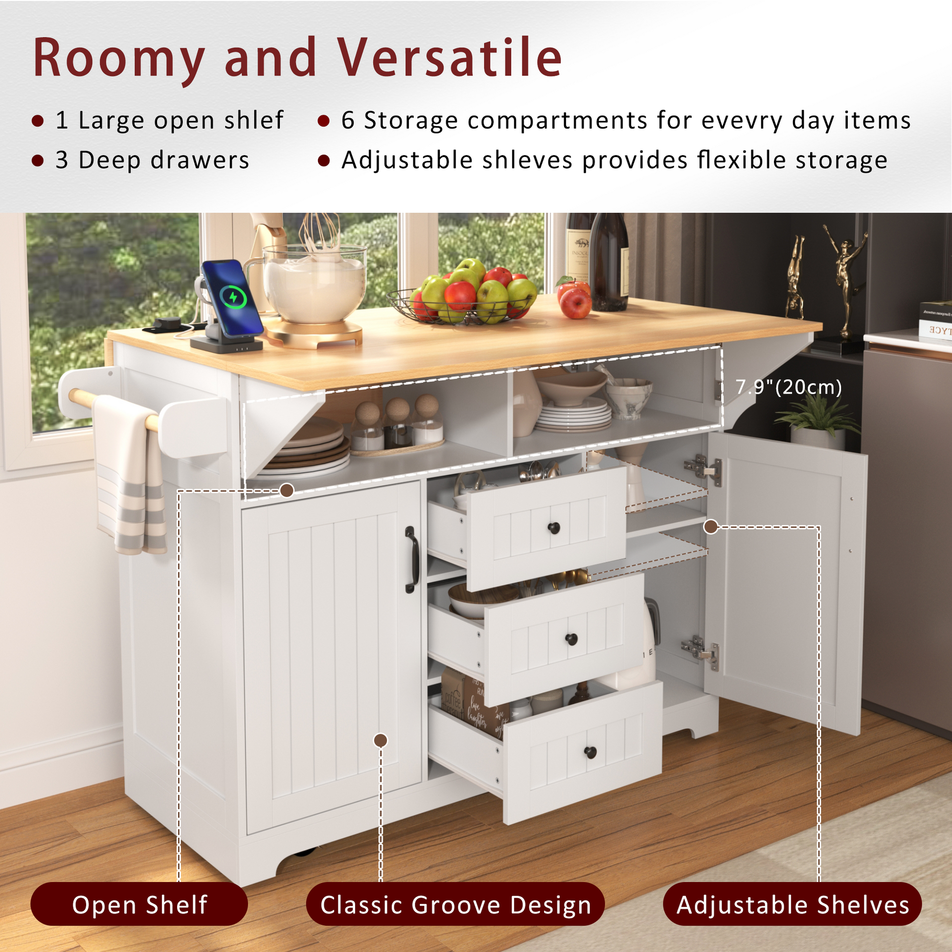 K&K 55.7'' Large Kitchen Island with 2 Drop Leaf,, Rolling Kitchen Cart on 5 Wheels with Power Outlet, Folding Storage Dining Table with Spice & Towel Rack , 3 Drawers, for Kitchen, Dining Room,White
