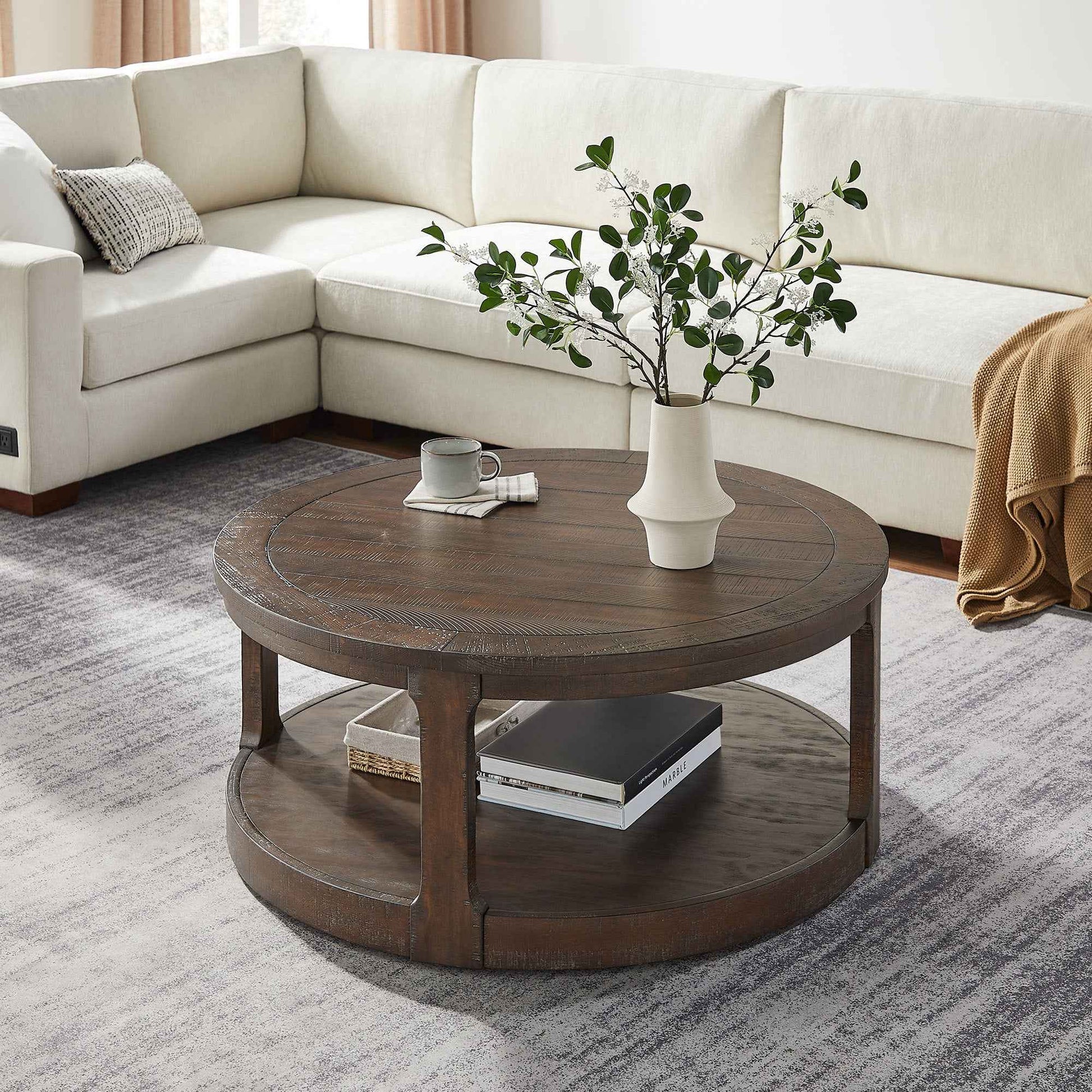 40inch Large Curved 2 Tier Traditional Round Circle Wooden Center Coffee Table,Mid Century Rounded Table with Wheels ,Rustic Style Table for living Room,Office,Apartment,Brown