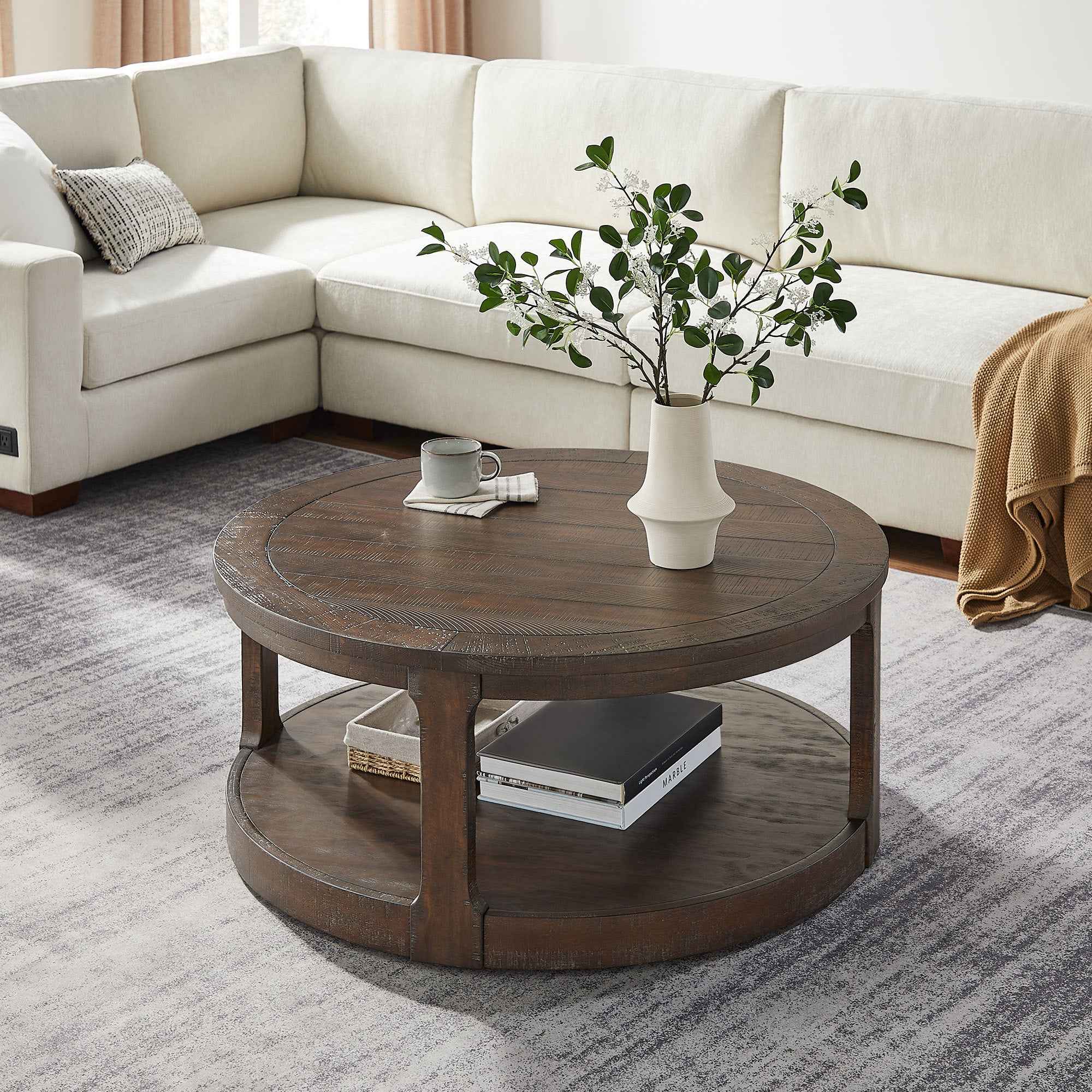 40inch Large Curved 2 Tier Traditional Round Circle Wooden Center Coffee Table,Mid Century Rounded Table with Wheels ,Rustic Style Table for living Room,Office,Apartment,Brown