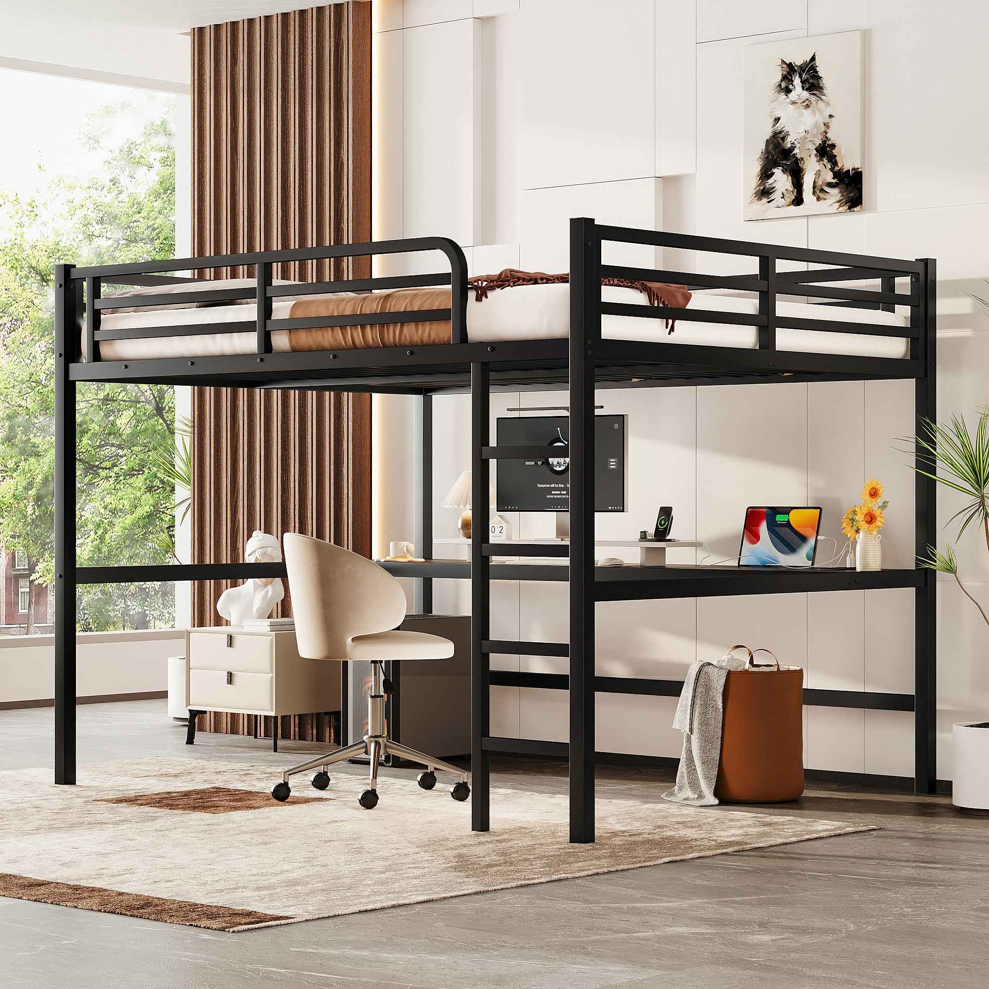 Metal Queen Size Loft Bed with Power Outlet and LED Lighted, Space-Saving, Noise Reduced, Black