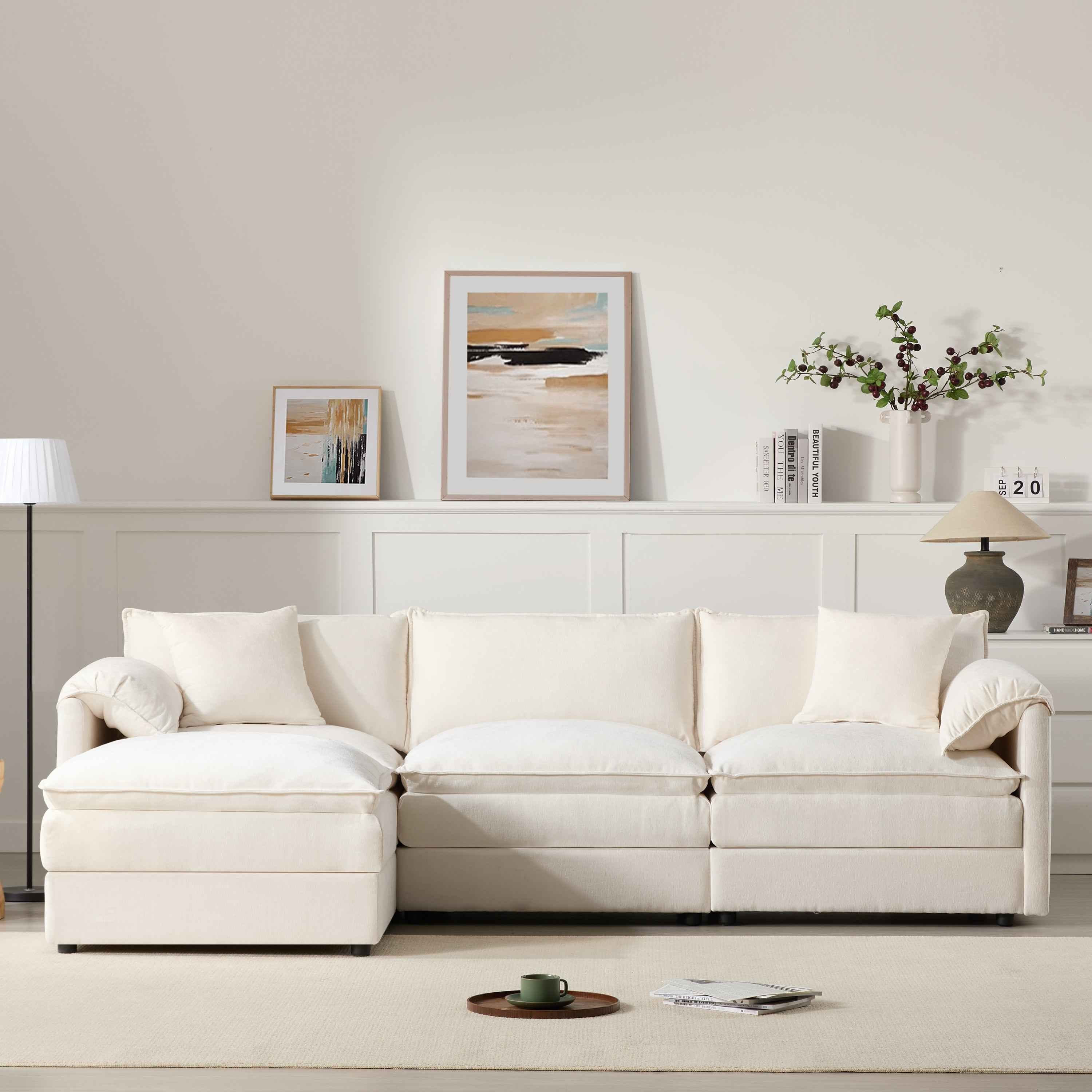 Chenille Modular Sectional Sofa with Deep Seat and Movable Ottoman in Cream