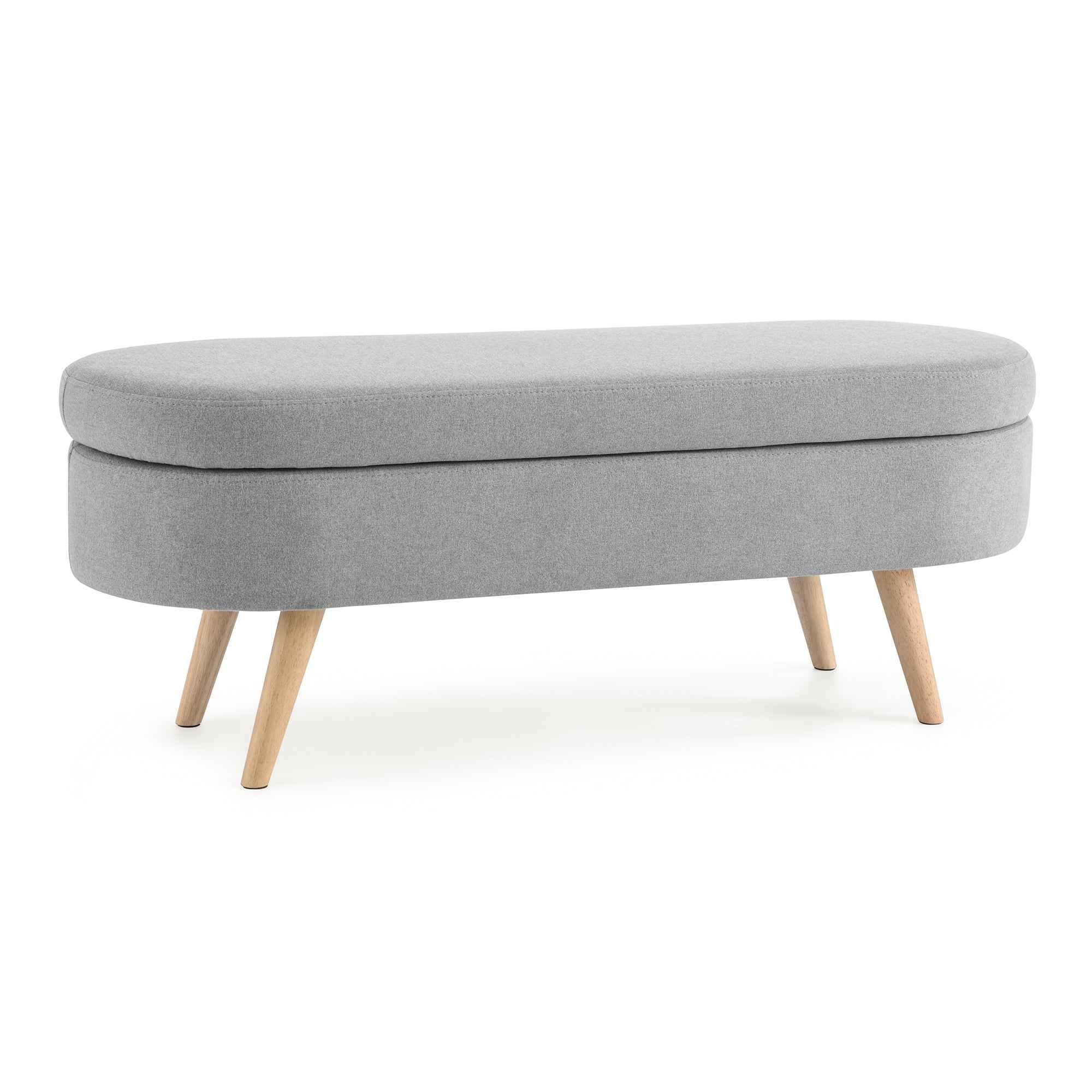 Ottoman Oval Storage Bench with Rubber Wood Legs, Grey Linen, 43.5'x16'x16'