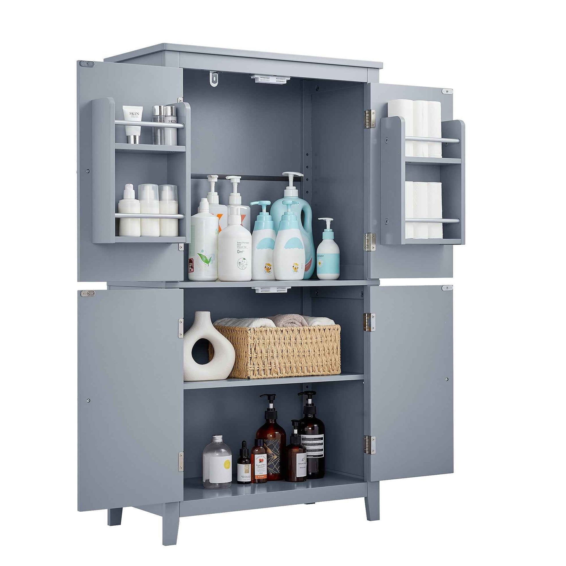 Elegant Bathroom Floor Storage Cabinet, Bathroom Storage Unit, Freestanding Cabinet with 4 Doors, Adjustable Shelves, Adaptable Shelves, Grey