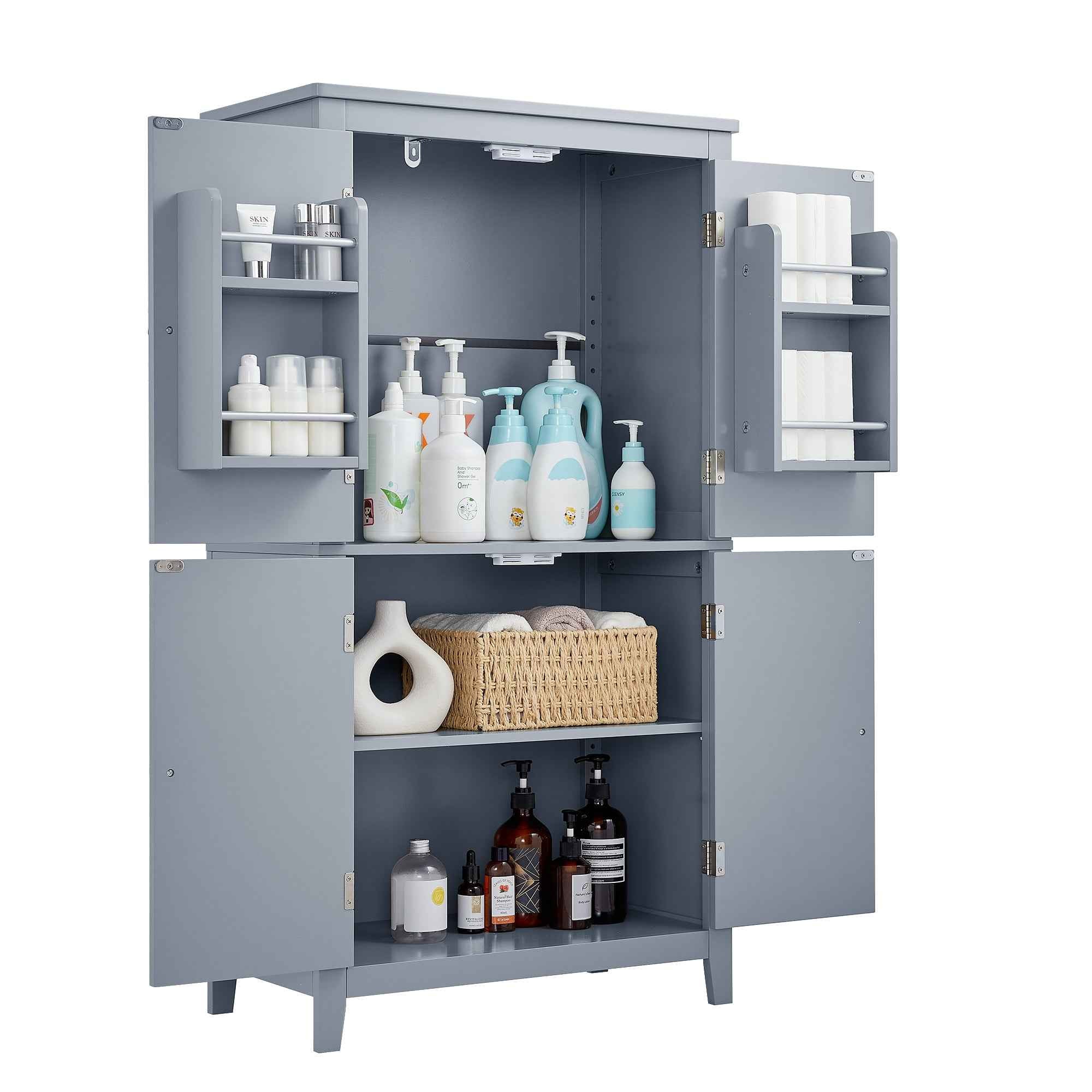 Elegant Bathroom Floor Storage Cabinet, Bathroom Storage Unit, Freestanding Cabinet with 4 Doors, Adjustable Shelves, Adaptable Shelves, Grey