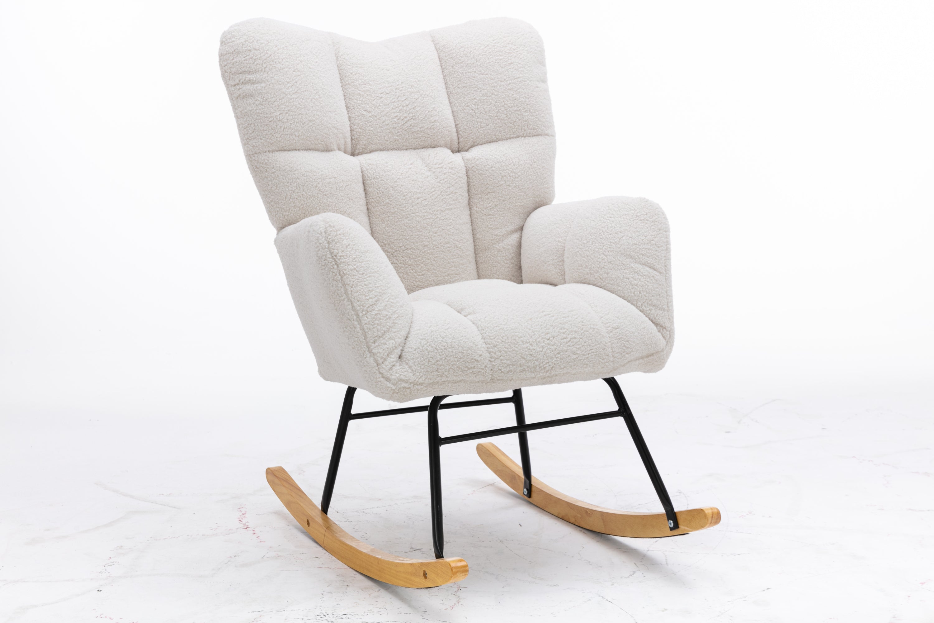 Mid Century Modern Teddy Fabric Tufted Upholstered Rocking Chair Padded Seat For Living Room Bedroom,Ivory White