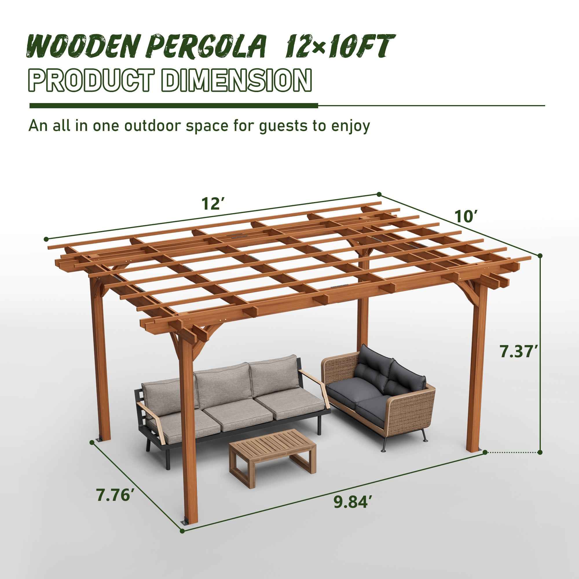 12 x 10 FT Outdoor Wood Pergola, Wooden Grape Pergola for Climbing Plant Support for Garden, Patio, Backyard, Deck, Brown