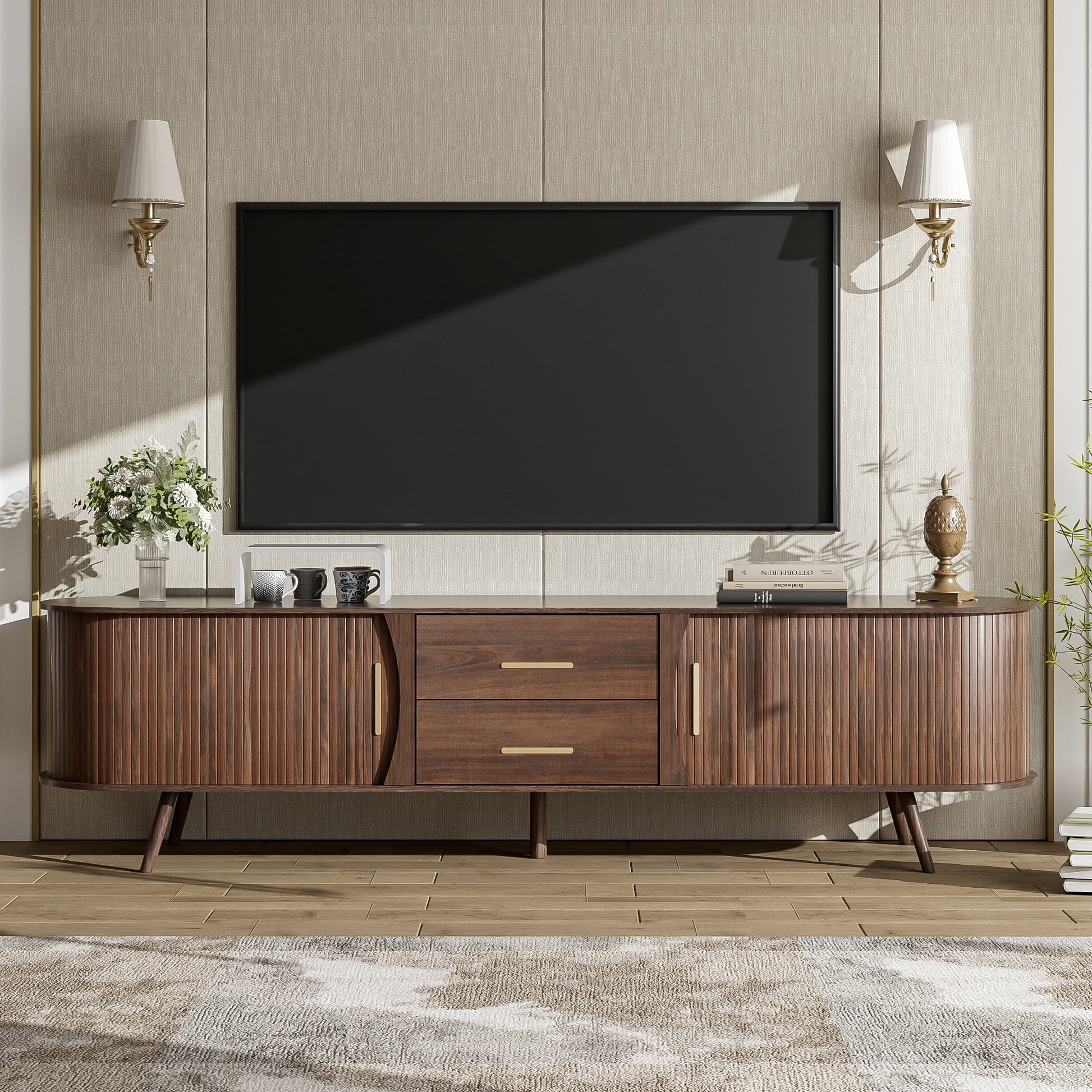 Mid-Century Modern TV Stand for 80' TV, Entertainment Center with Storage for Living Room, Bedroom, Media Console Table with 2 Drawers - Abrihome