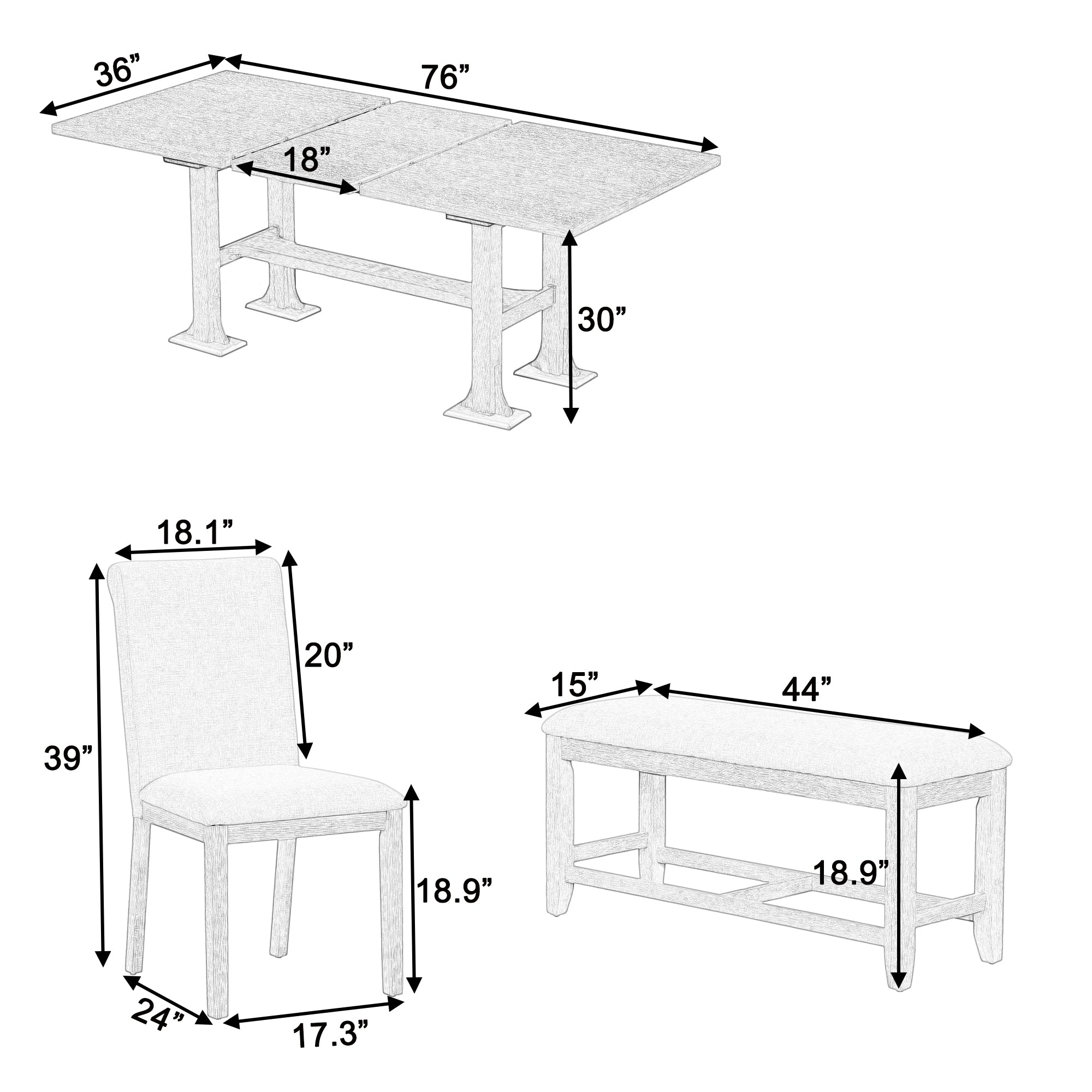 TOPMAX Farmhouse 76inch 6-Piece Extendable Dining Table Set Trestle Kitchen Table Set with 18inch Removable Leaf and Upholstered Dining Chair and Bench for Dining Room, Natural