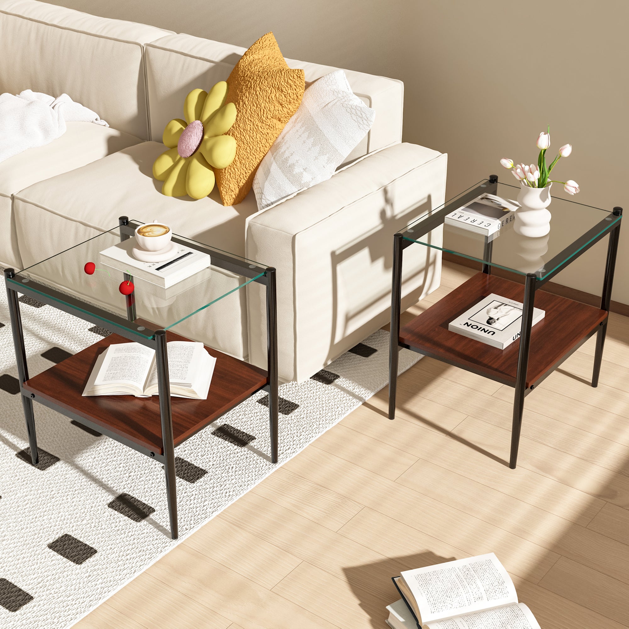 Set of 2 Rectangle End Table, Tempered Glass Tabletop with MDF layer, Modern Table for Living Room , Transparent Glass - Abrihome