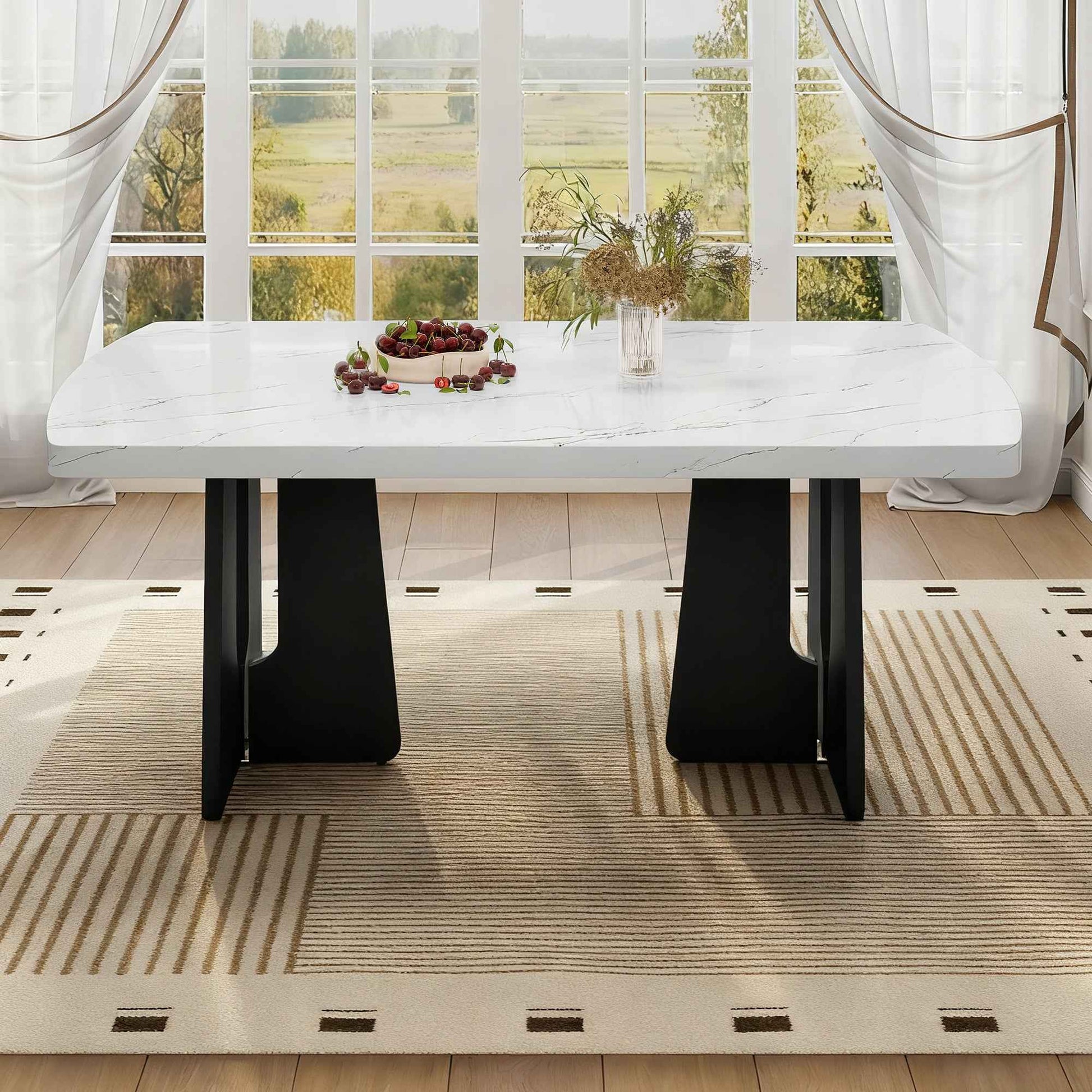 63' Modern Faux Marble Dining Table - Black/White Marble Top with Sturdy Geometric Legs, Stylish Kitchen & Dining Room Table for Home, Apartment, Office, Easy to Assemble, White+Black