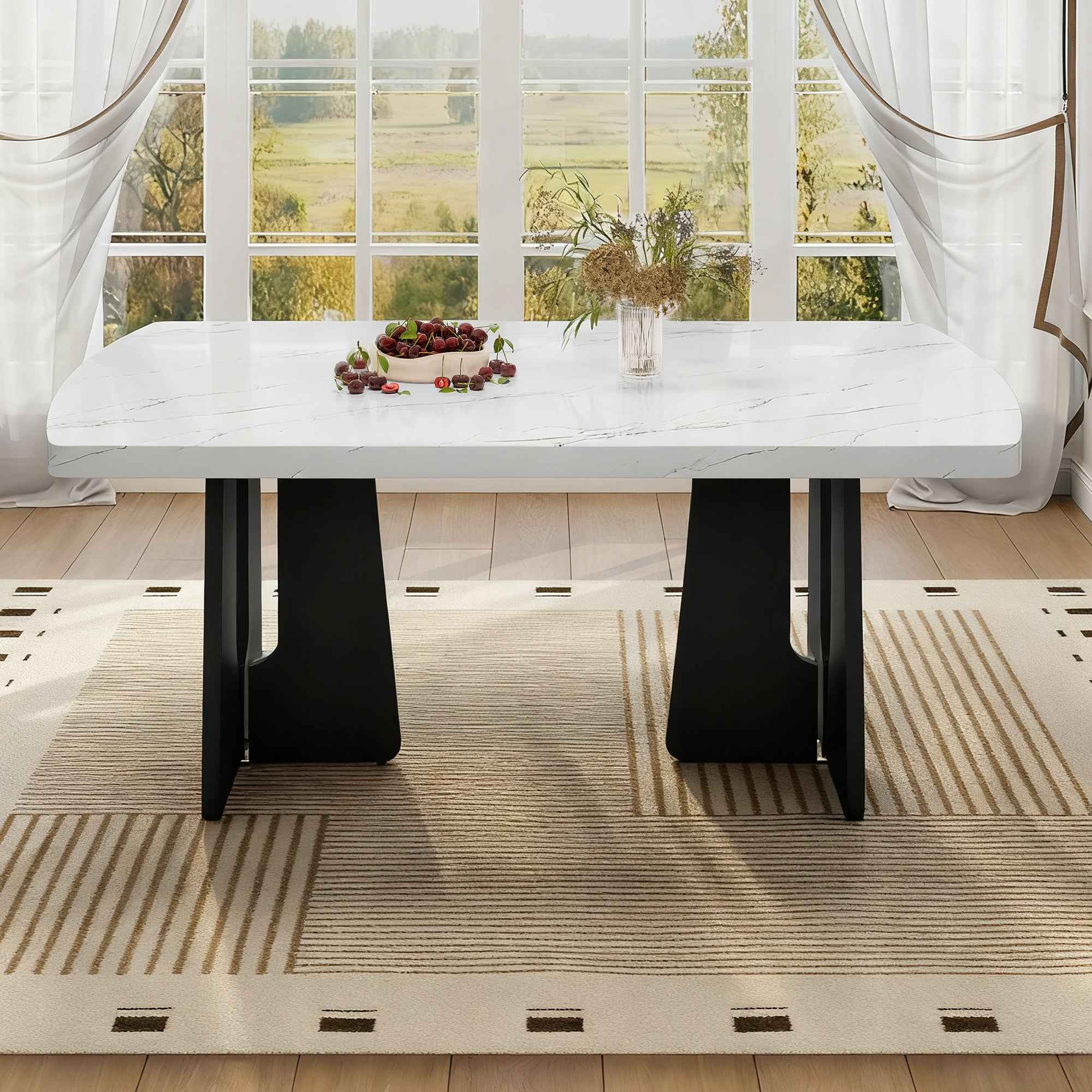63' Modern Faux Marble Dining Table - Black/White Marble Top with Sturdy Geometric Legs, Stylish Kitchen & Dining Room Table for Home, Apartment, Office, Easy to Assemble, White+Black