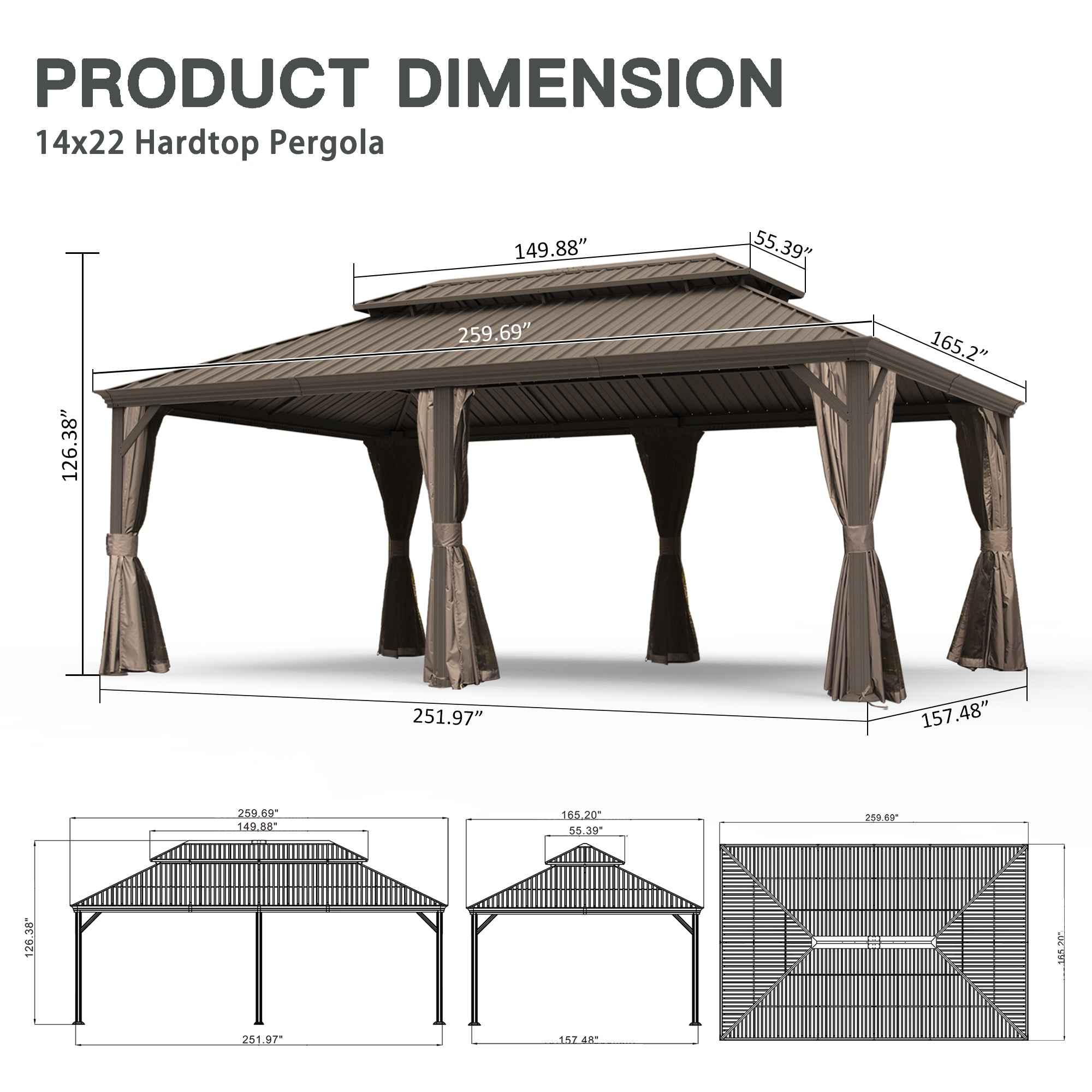 14' X 22' Hardtop Gazebo, Upgraded Metal Gazebo with Drainage System, Dual-Layer Galvanized Steel Roof, Curtain and Netting, Outdoor Shelter Canopy for Patio, Garden, and Backyard, Brown