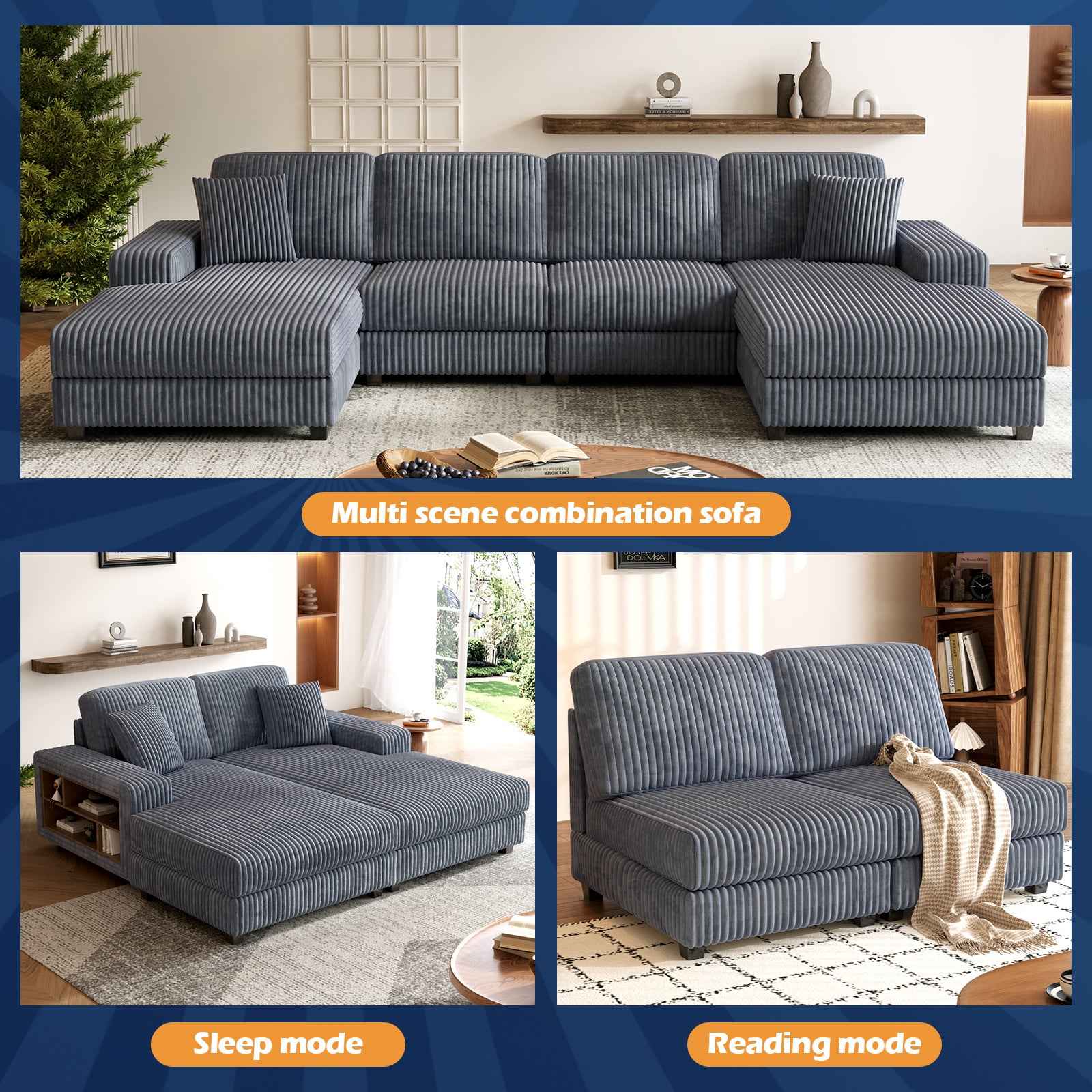 Convertible U-shaped Combination Sofa, Corduroy Fabric, Modern Comfortable Large Size 4 Seat Sofa, Living Room Double Lounge Chair , Dark Grey