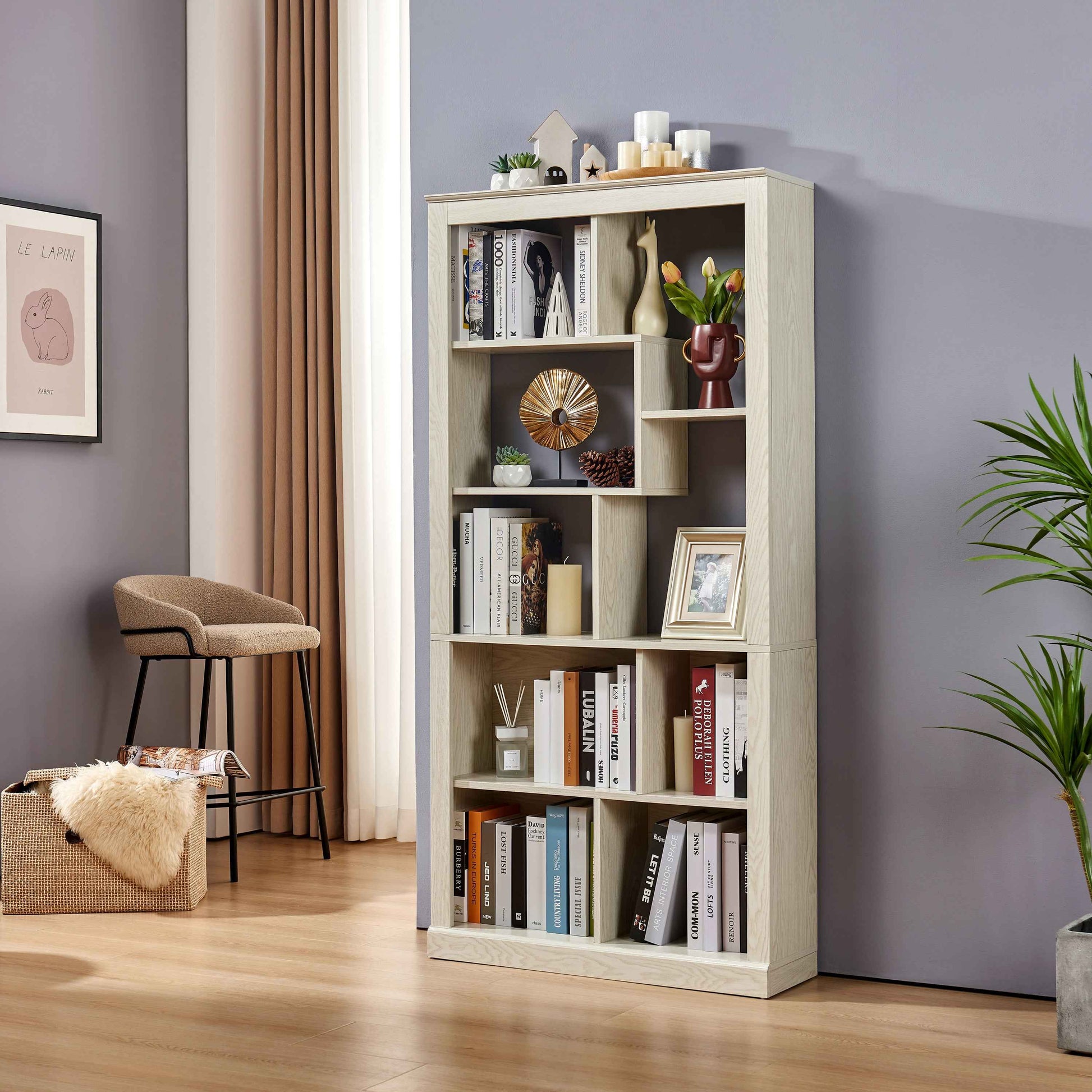 Free Combination Wood Open Bookshelf, Multi Space Display Storage Cabinet, Easy to Assemble Freestanding Bookcase with Anti-Tip Straps, Classified Storage Organizer for Living Room Bedroom Home Office