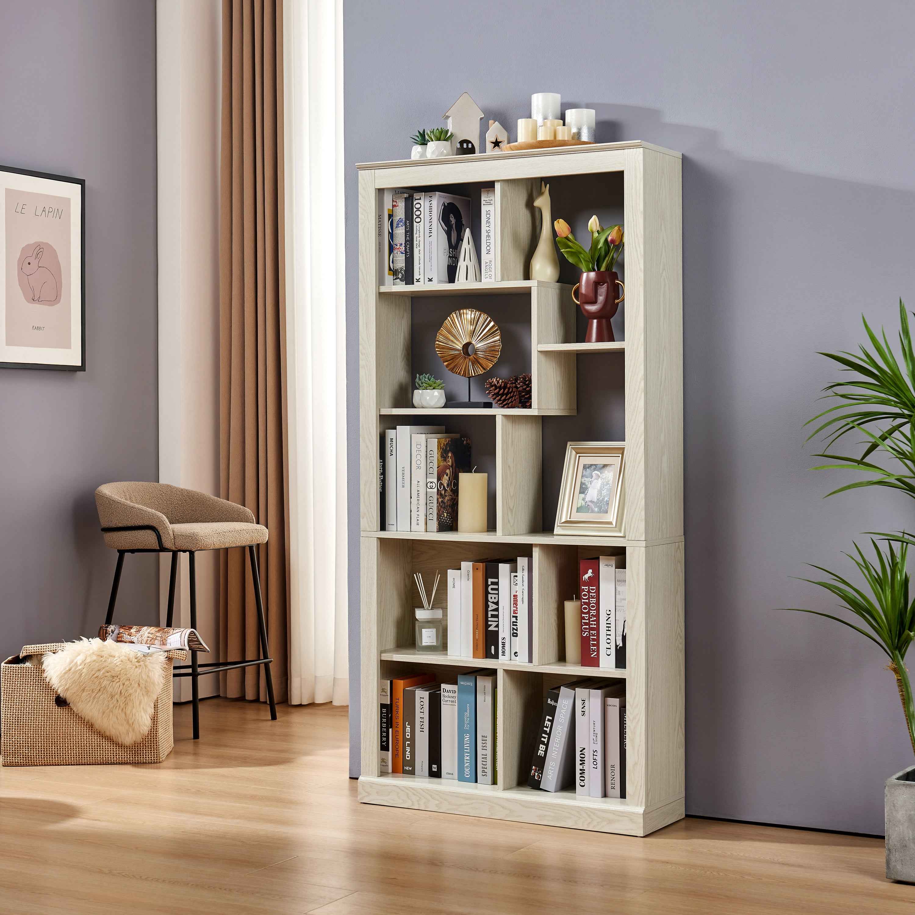 Free Combination Wood Open Bookshelf, Multi Space Display Storage Cabinet, Easy to Assemble Freestanding Bookcase with Anti-Tip Straps, Classified Storage Organizer for Living Room Bedroom Home Office