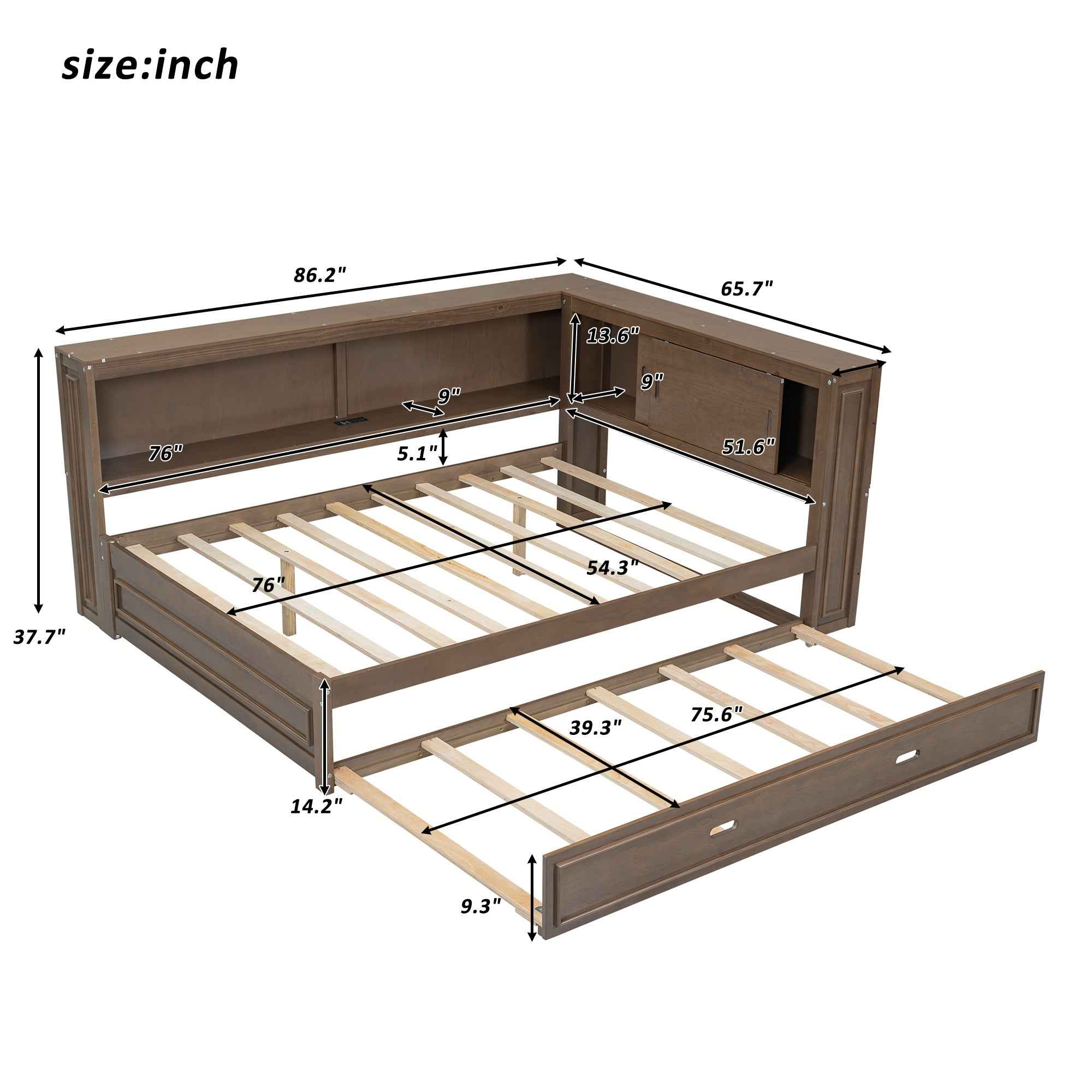Full Size Wood Daybed with Storage Shelves, USB, LED, and Trundle in Antique Wood Color, Solid Pine Wood+MDF, 86.2''L x 65.7''W x 37.7''H