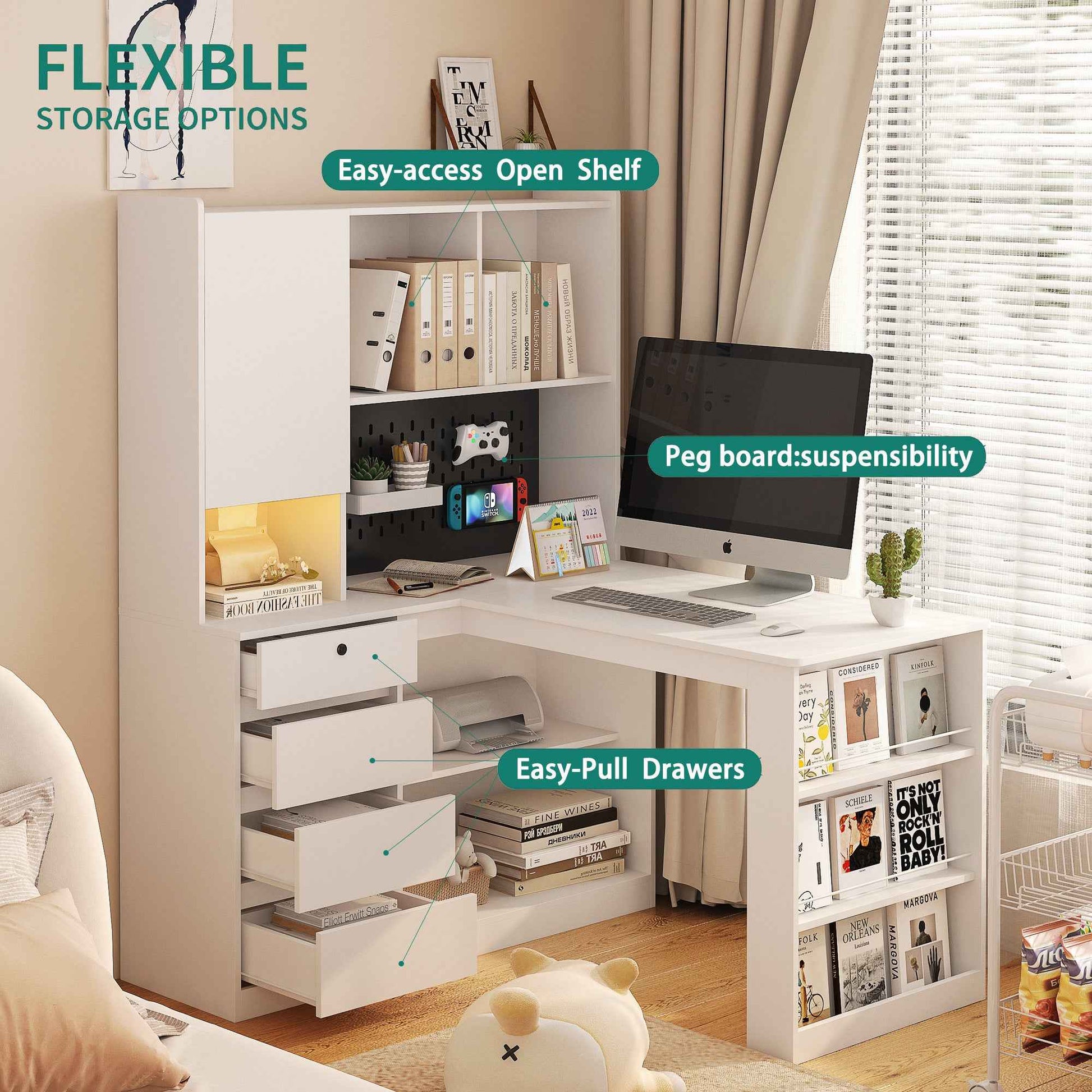 L Shaped Desk with Charger,Computer Desk with Drawers,Bookshelf,with LED Light,Modern Corner Desk,Home Office Desk,L-Shaped Study Table Writing Desk,Corner Gaming Computer Desk with Storage