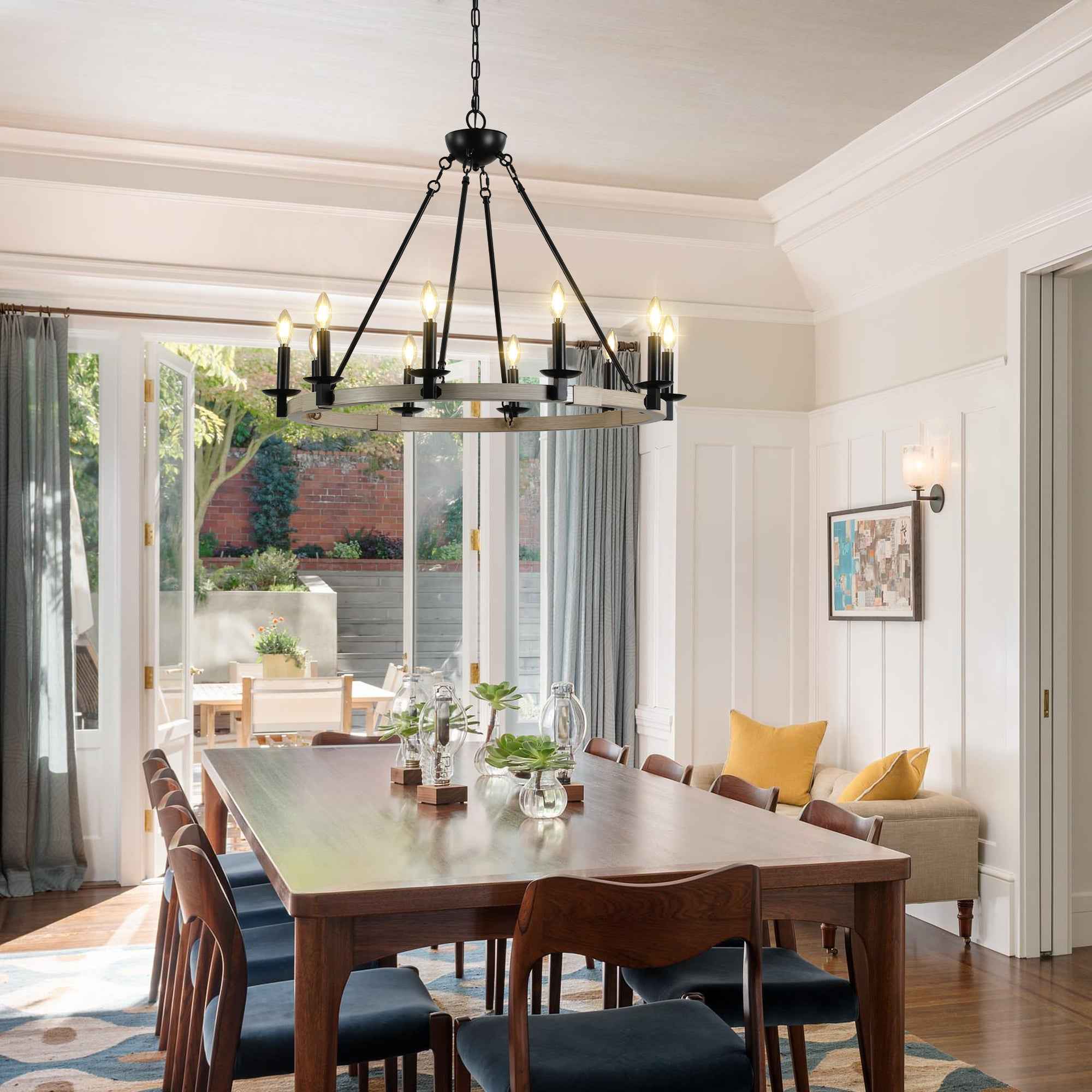 32' Rustic Farmhouse 10-Light Candle Chandelier, Black Metal and Wood Round Hanging Light Fixture for Dining Room, Kitchen, Living Room, Adjustable Height, E12 Bulb Base (No Bulbs)