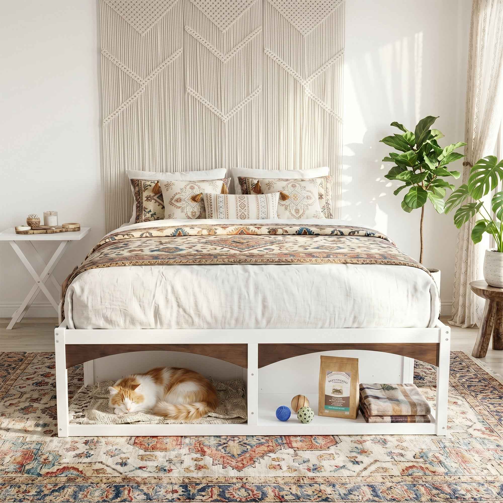 King Bed Frame with Storage Drawers, No Headboard Platform Bed, Pet-Friendly Design, No Box Spring Needed, Modern Minimalist Style-White