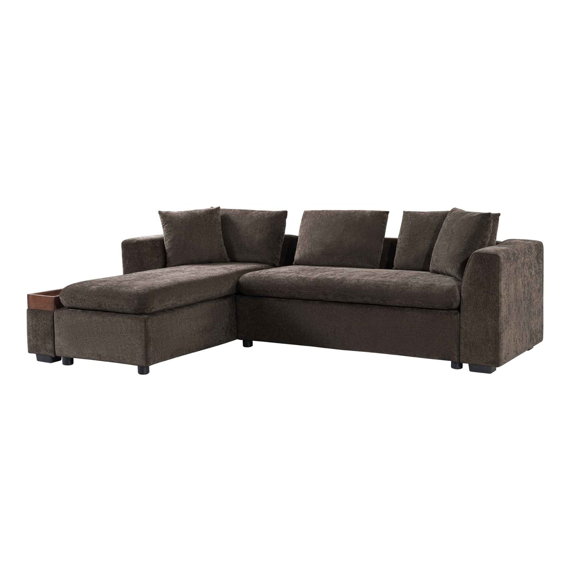 Elegant L-Shaped Sectional Sofa with Chenille Upholstery and Wooden Storage Compartment, Brown