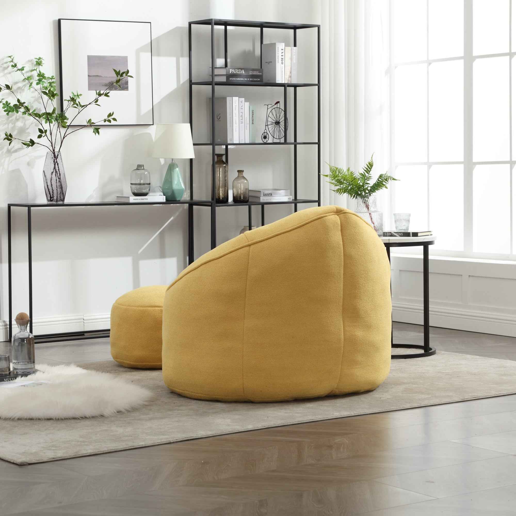 Bedding Bean Bag Sofa Chair with High-Pressure Foam and Footrest, Yellow Microfiber