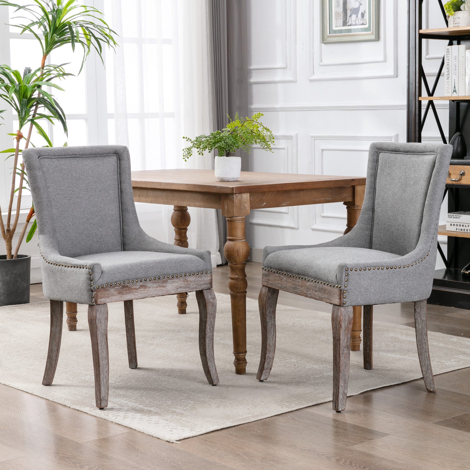 A&A Furniture,Ultra Side Dining Chair，Thickened fabric chairs with neutrally toned solid wood legs， Bronze nail head，Set of 2，Gray