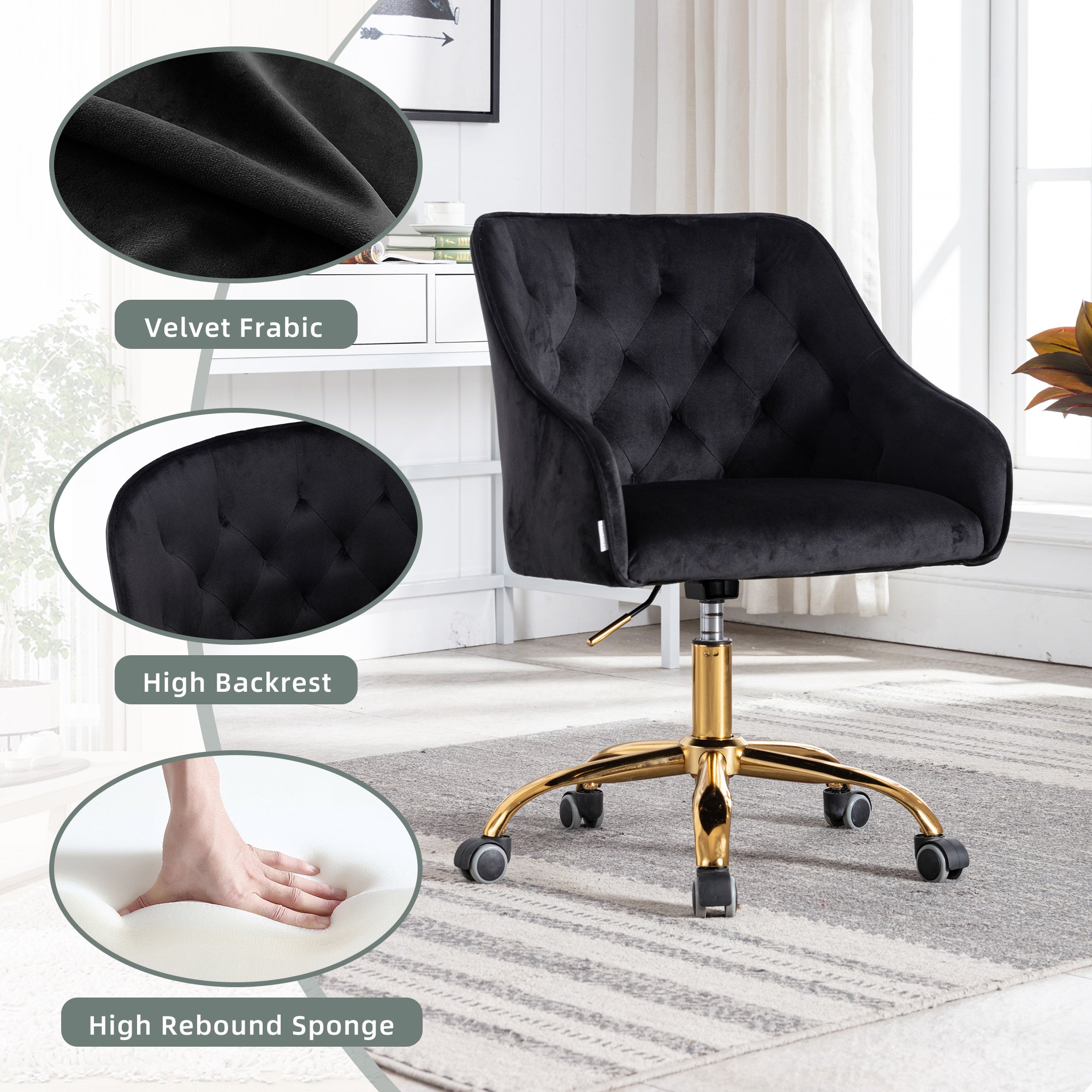 COOLMORE Velvet Home Office Desk Chair, Modern Cute Computer Chair, Wheels Swivel Height Adjustable Swivel Task Chair for Home Office (Black Velvet)