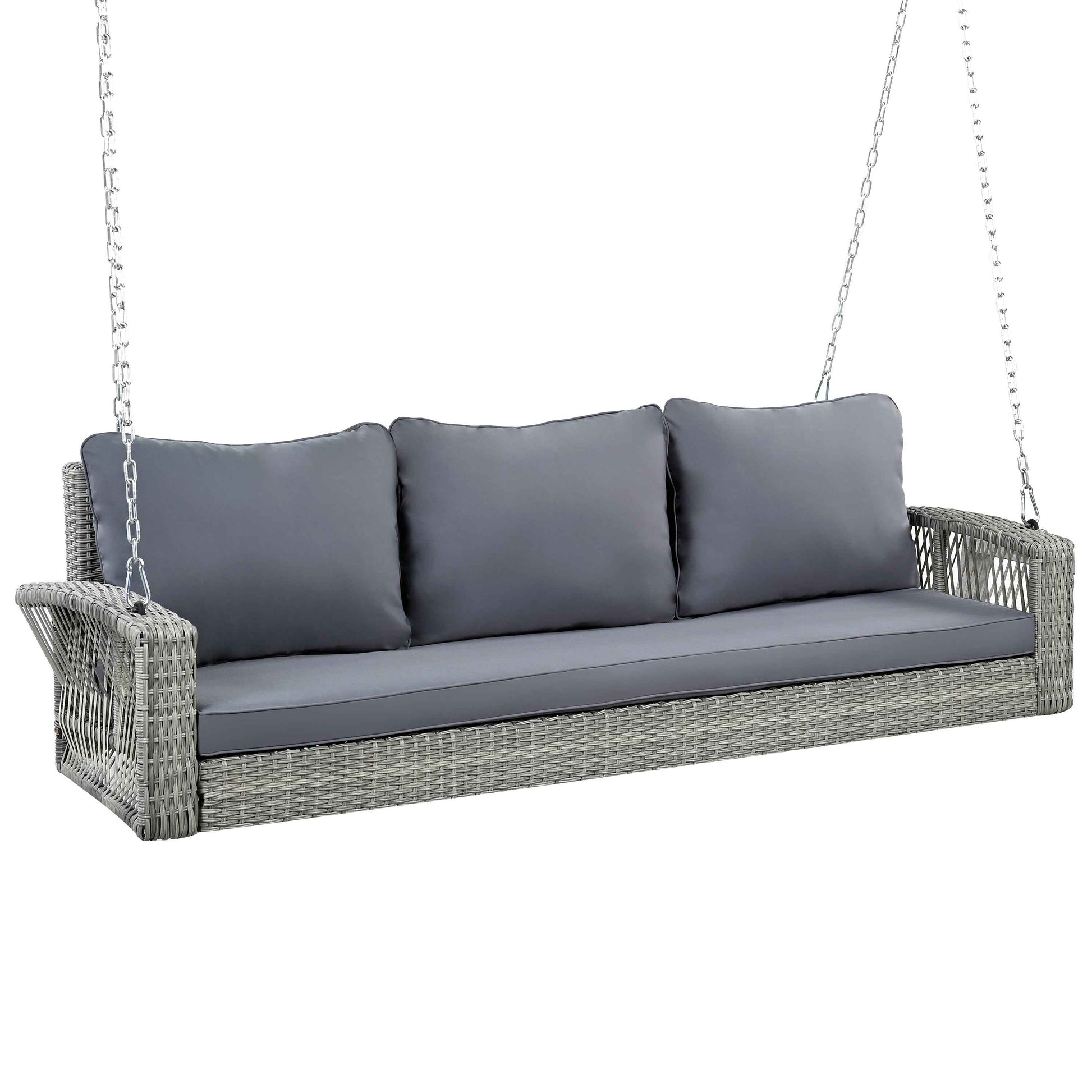 GO 69' PE Wicker 3-Person Porch Swing with Chains, Large Patio Swing Bench with Cushions for Backyard, Garden, and Poolside, Gray69'