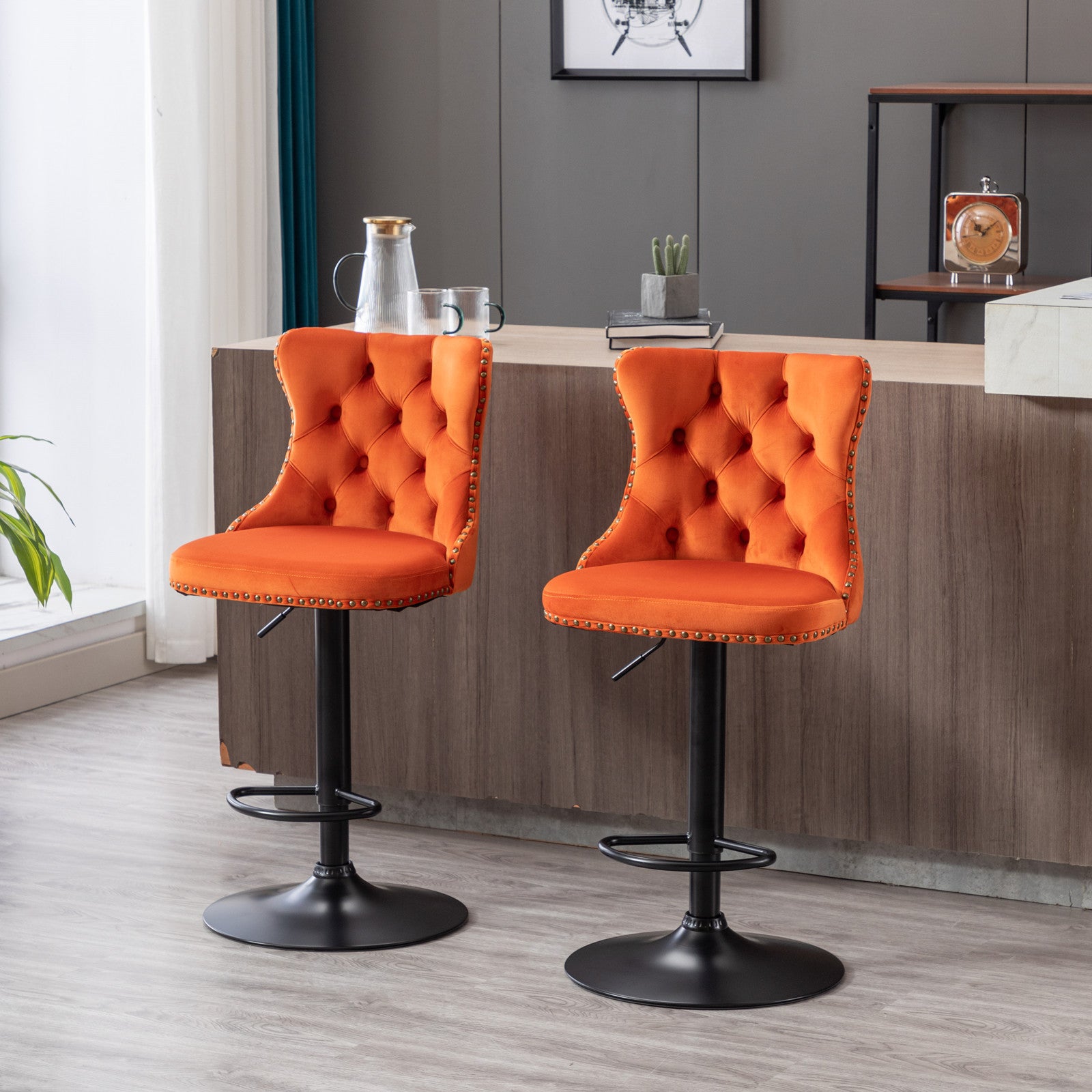 A&A Furniture,Swivel Velvet Barstools Adjusatble Seat Height from 25-33 Inch,17.7inch base, Modern Upholstered Bar Stools with Backs Comfortable Tufted for Home Pub and Kitchen Island,Orange,Set of 2