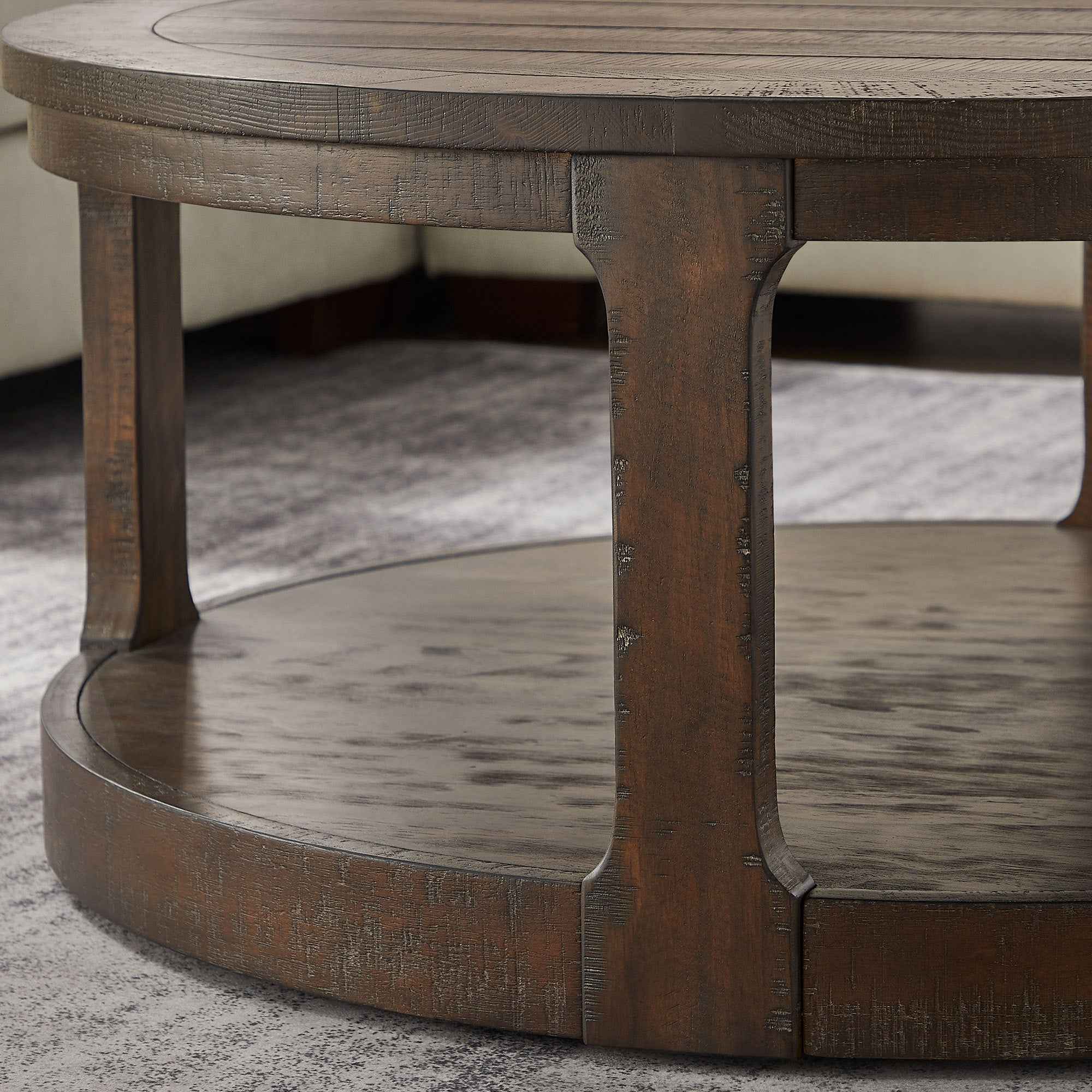 40inch Large Curved 2 Tier Traditional Round Circle Wooden Center Coffee Table,Mid Century Rounded Table with Wheels ,Rustic Style Table for living Room,Office,Apartment,Brown