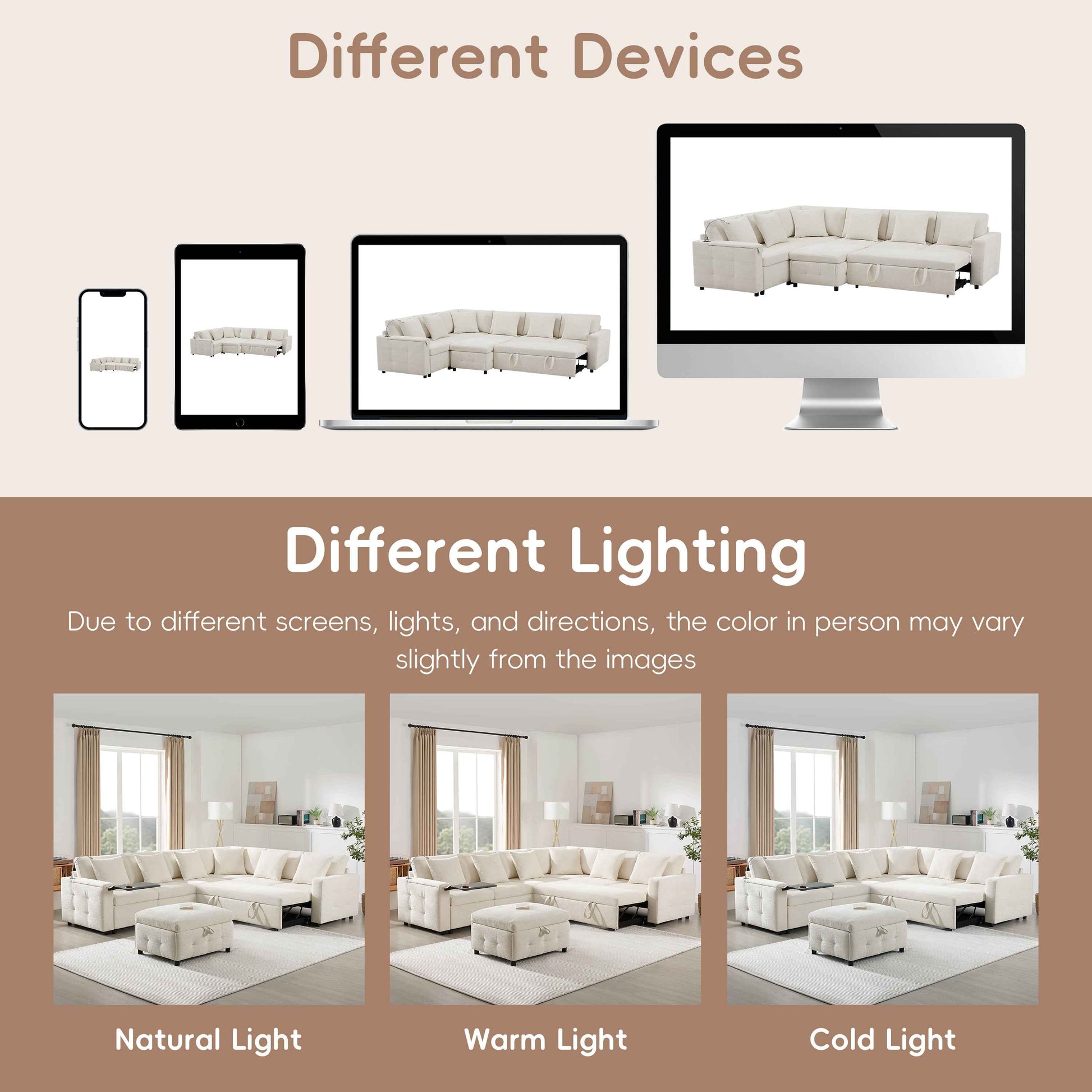 117*90'' Modular Sectional Pull-out Sofa Bed with Flip-up Table Panel, Reading Lamp, Charging Ports, Storage Ottoman, Tufted Design, 6 Pillows, Oversize & Free Combination, Chenille, 2 colors