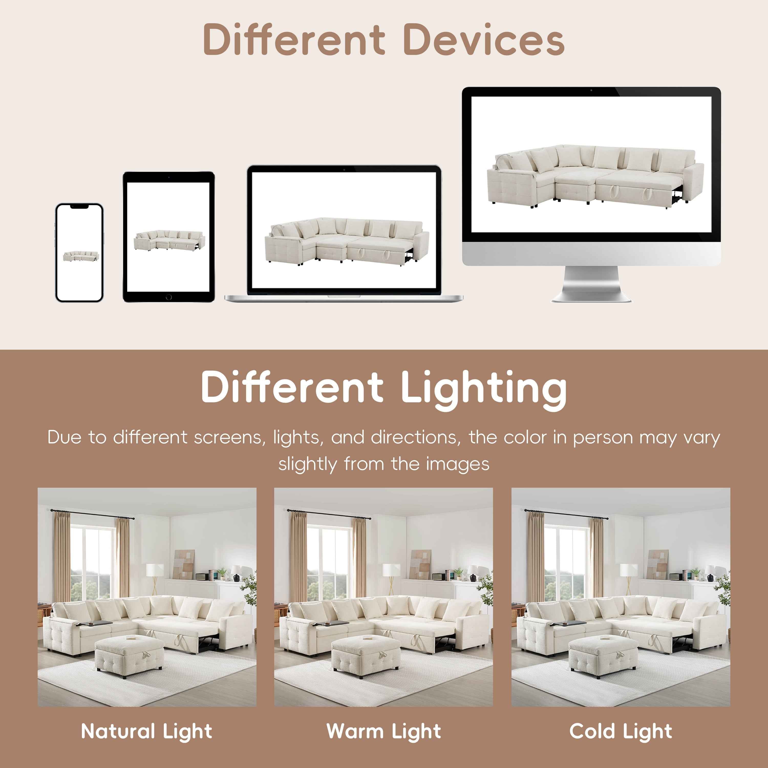 117*90'' Modular Sectional Pull-out Sofa Bed with Flip-up Table Panel, Reading Lamp, Charging Ports, Storage Ottoman, Tufted Design, 6 Pillows, Oversize & Free Combination, Chenille, 2 colors