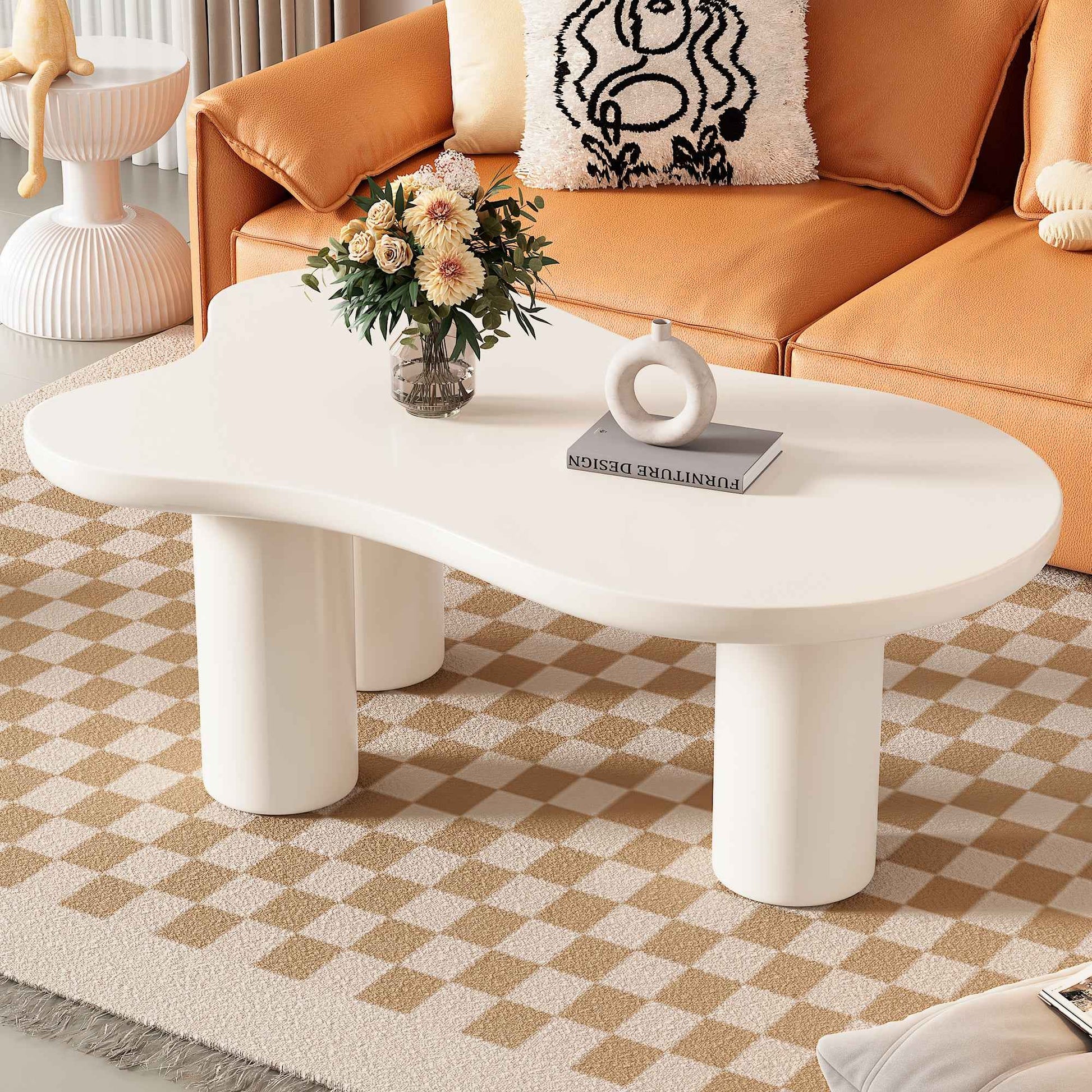 ON-TREND 44'' x 25.9'' Easy Assembly Cloud Coffee Table with 1.5'' Thick Tabletop, Cream Style Irregular End Table with 3 Sturdy Legs, Sleek Center Table with Round Edge for Living Room, White