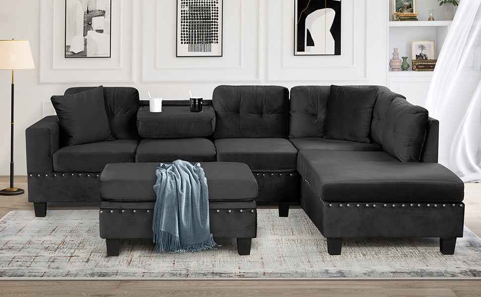 Modern Sectional Sofa with Storage Ottoman, L-Shape Couch with 2 Pillows and Cup Holders, Black Velvet, 105'