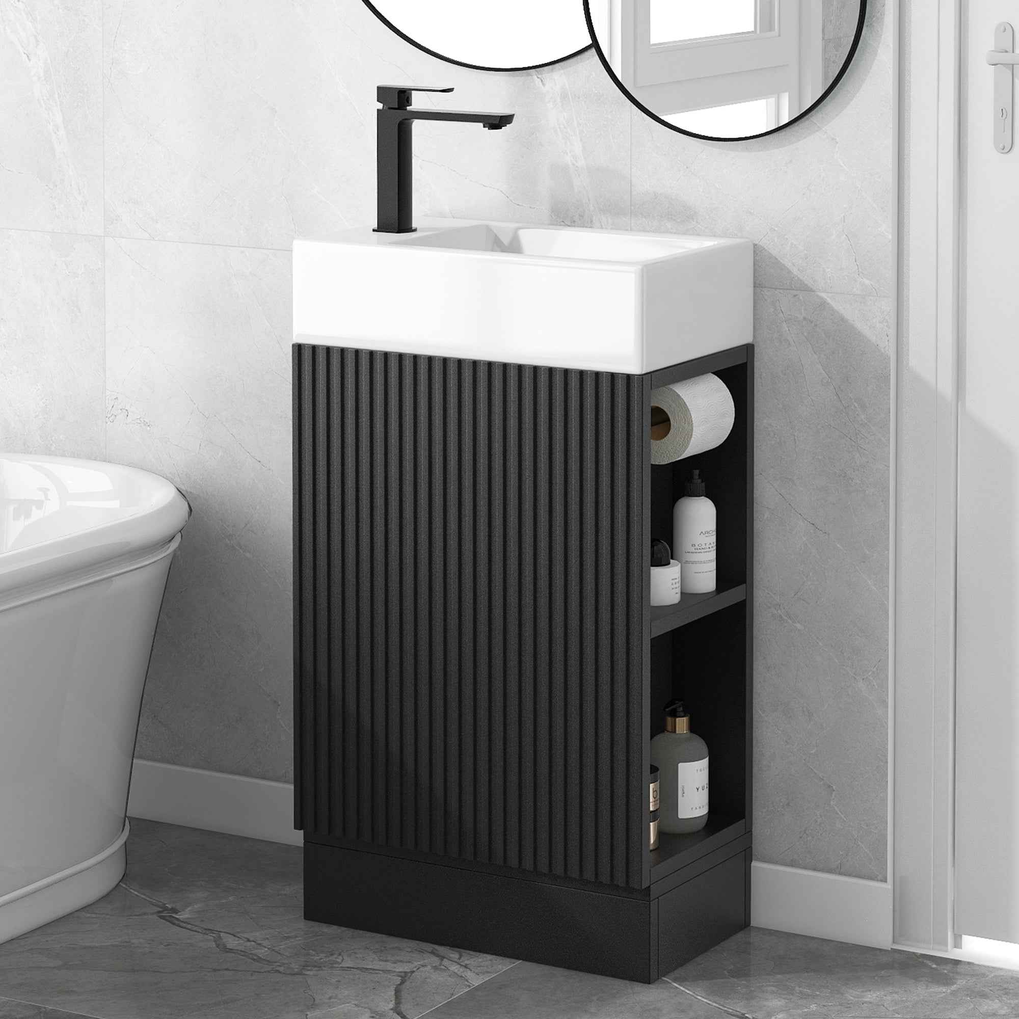 18.6' Bathroom Vanity with Sink, Bathroom Vanity Cabinet with Two-tier Shelf, Left or Right Orientation, Black (WF308491 New Color)