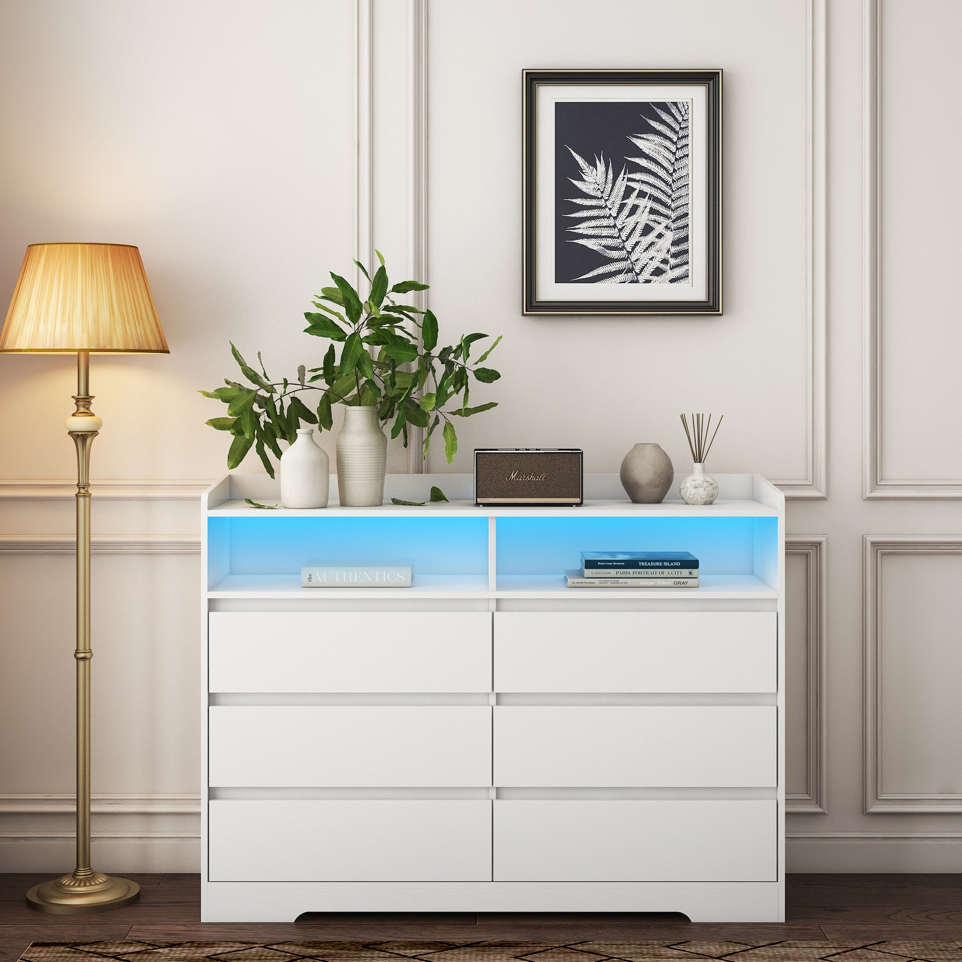 6 Drawer Dresser, White Dresser for Bedroom with LED Lights, Modern Dressers & Chests of Drawers with Sturdy Frame for Living Room, Entryway, Hallway - Abrihome