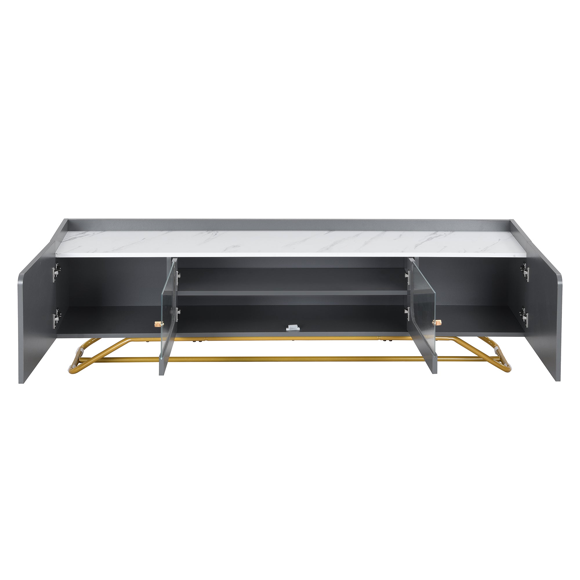 ON-TREND Sleek Design TV Stand with Fluted Glass, Contemporary Entertainment Center for TVs Up to 70", Faux Marble Top TV Console Table with Gold Frame Base, Grey