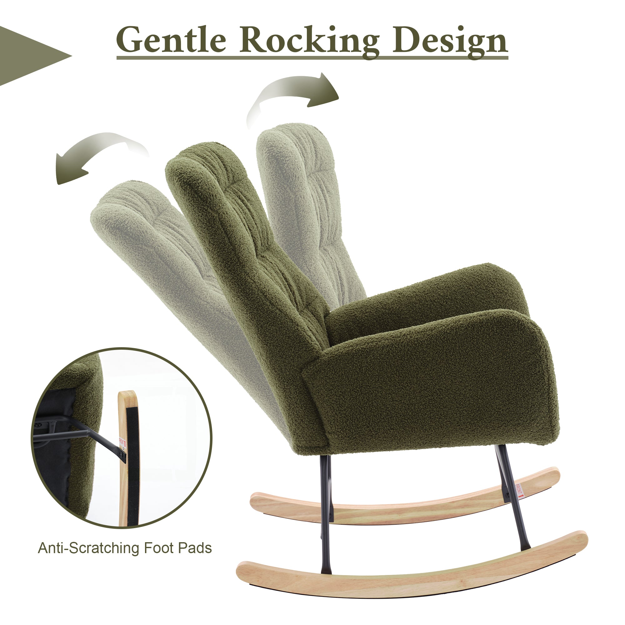 Nursery Rocking Chair, Teddy Upholstered Glider Rocker, Rocking Accent Chair with High Backrest, Comfy Rocking Accent Armchair for Living Room, Bedroom, Offices, DARK GREEN