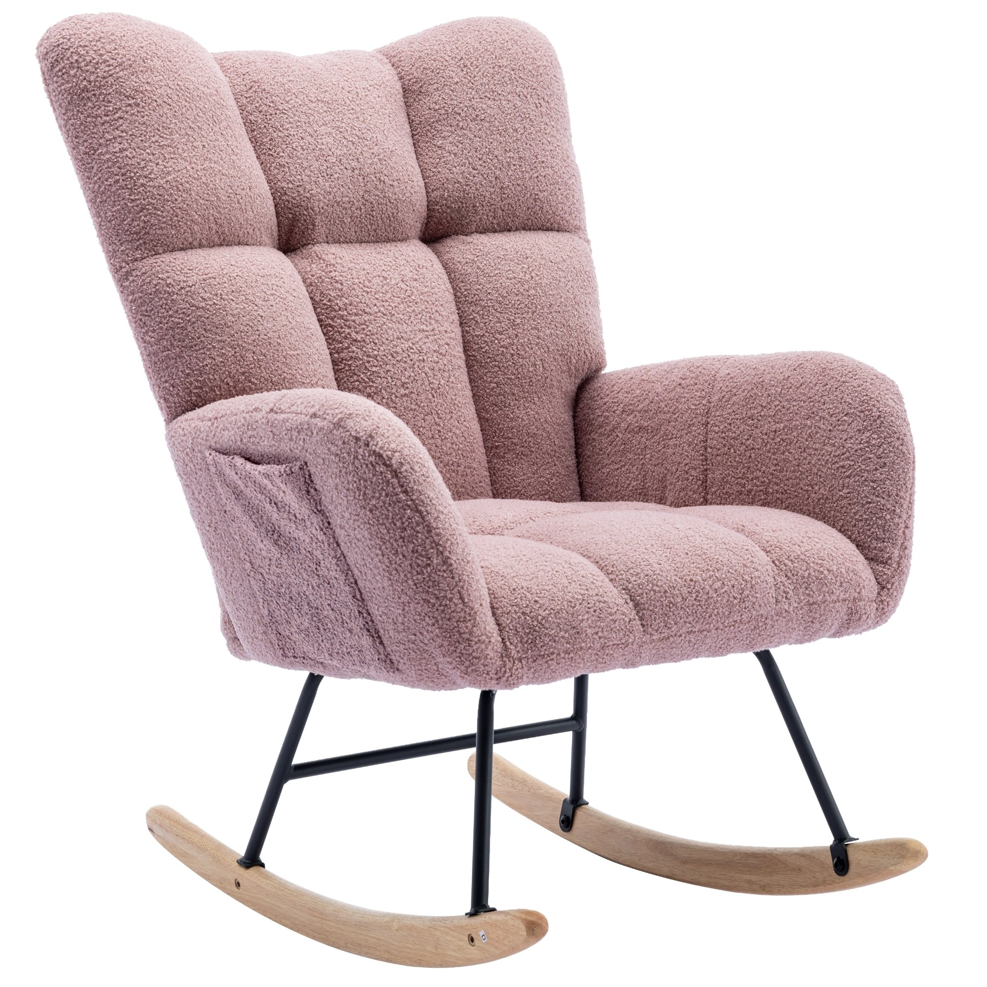 Rocking Chair with Pocket, Soft Teddy Fabric Rocking Chair for Nursery, Comfy Wingback Glider Rocker with Safe Solid Wood Base for Living Room Bedroom Balcony (pink)