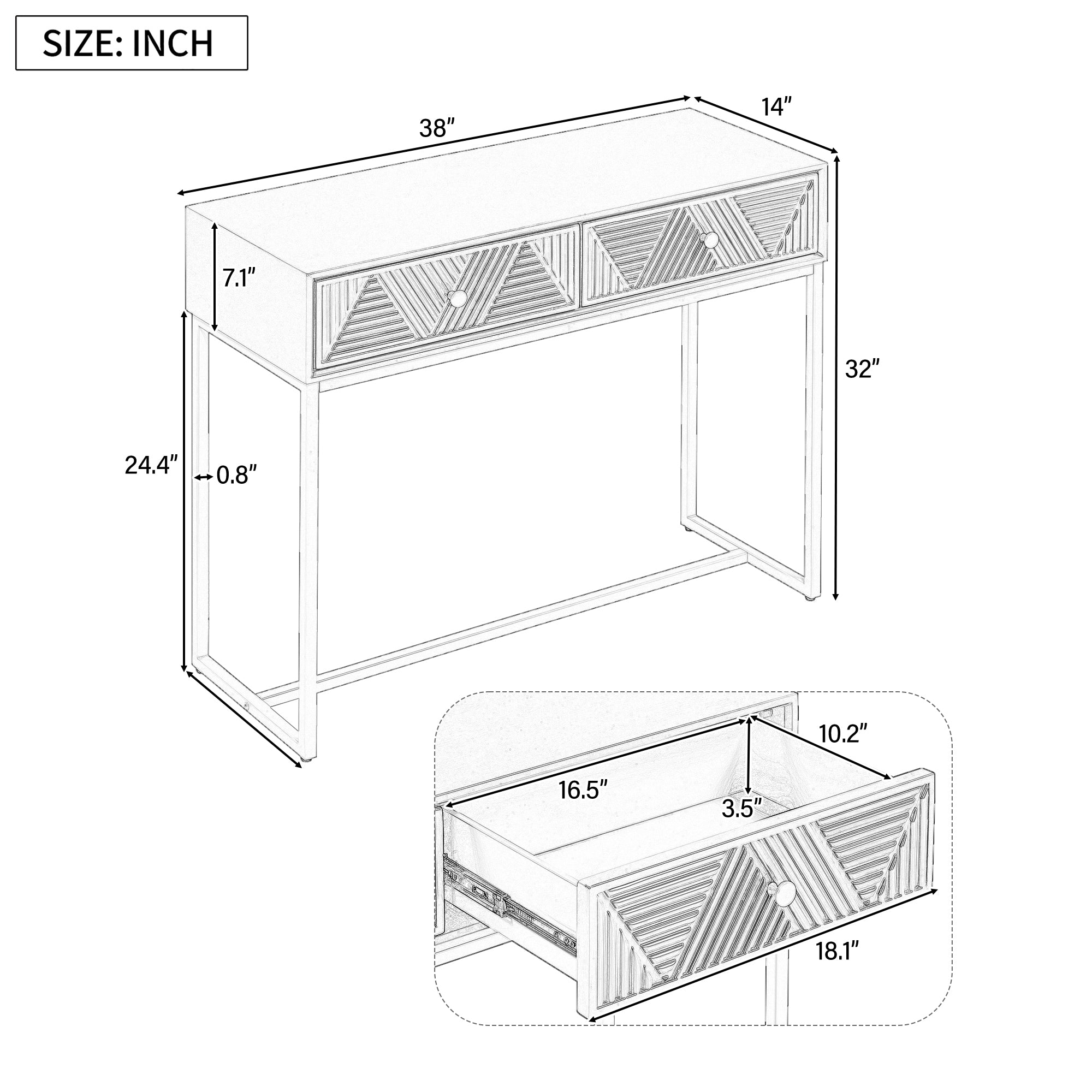 TREXM Modern Sleek Console Table Two Drawers with Stripe Design for Living Room and Entryway (White)