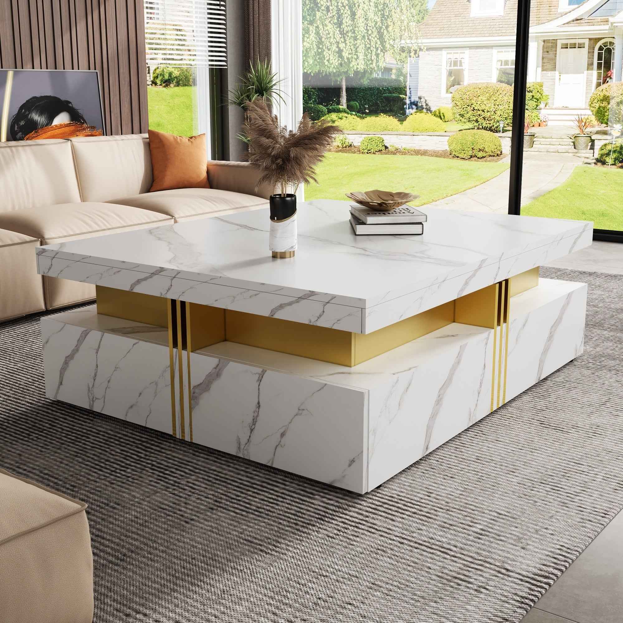 Modern White Square Storage Coffee Table with 4 Drawers