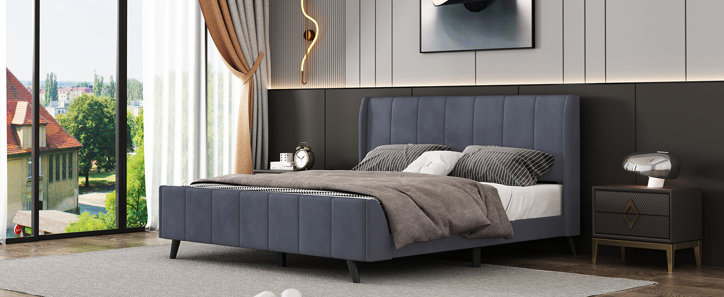 Queen Size Upholstered Platform Bed, Velvet, Gray