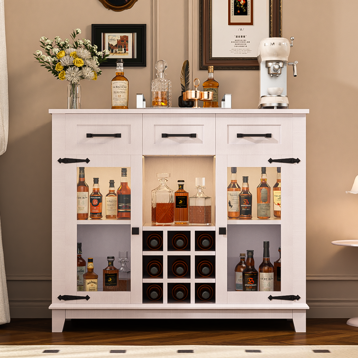 42" Modern Farmhouse Sideboard Buffet Coffee Bar Cabinet Storage Cabinet with LED Charging Station, Wine & Glass Rack,3 Drawers, for Kitchen, Dining Room, Living Room Antique White